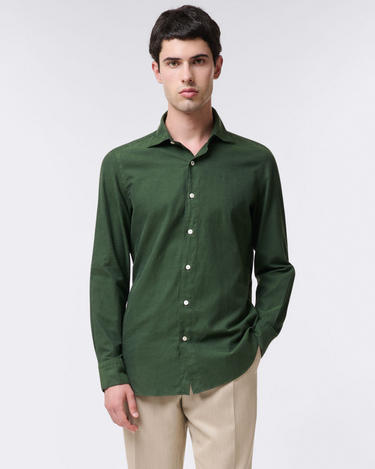 Finamore Tokyo sport shirt in dark green cotton twill