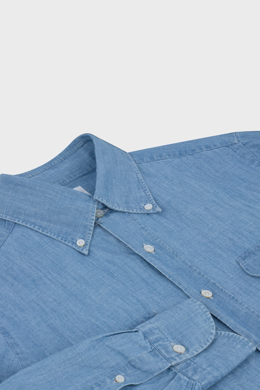 Gaeta shirt regular fit cotton-linen indaco denim vintage wash Lucio button-down collar