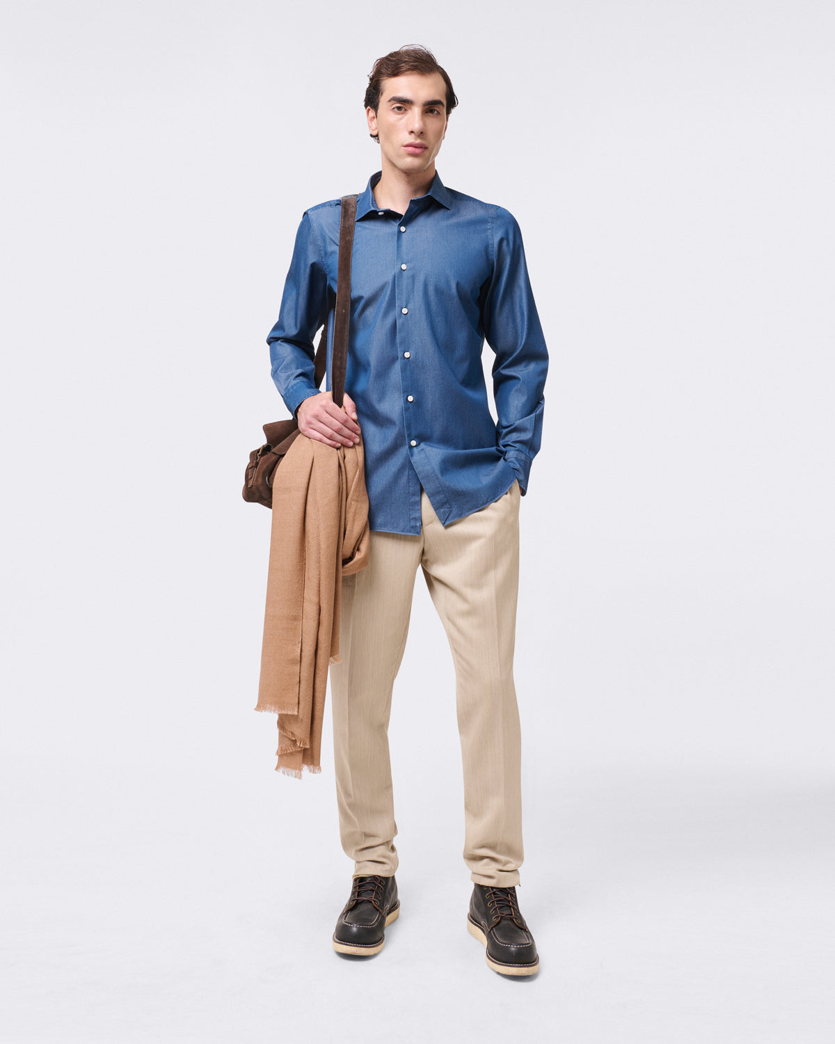 Camicia classica Milano slim fit in denim bleach e stone