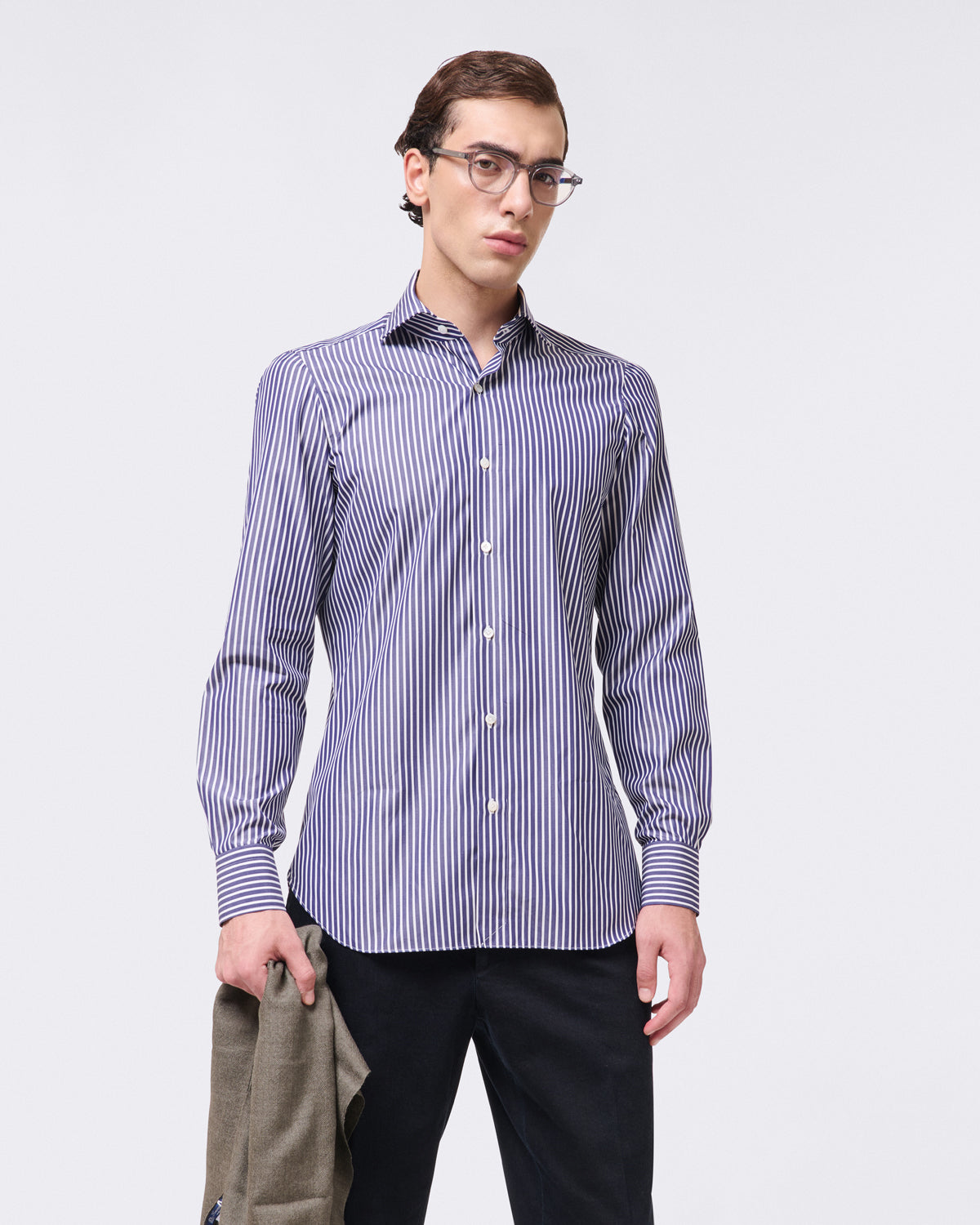 Classic Napoli wide striped cotton shirt blue