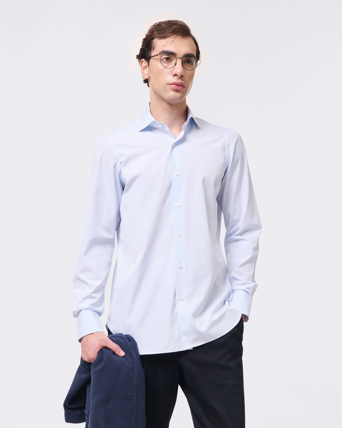 Classic regular Naples shirt in light blue cotton French collar