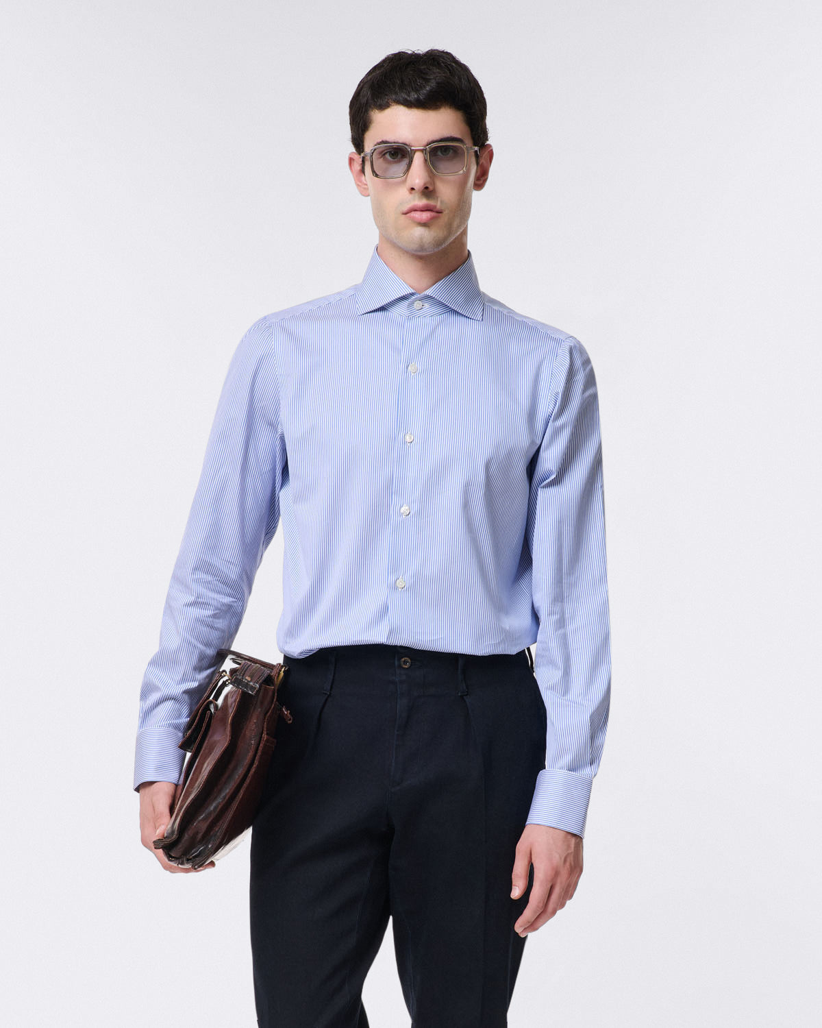 Classic regular shirt Napoli in blue striped cotton twill 120/2