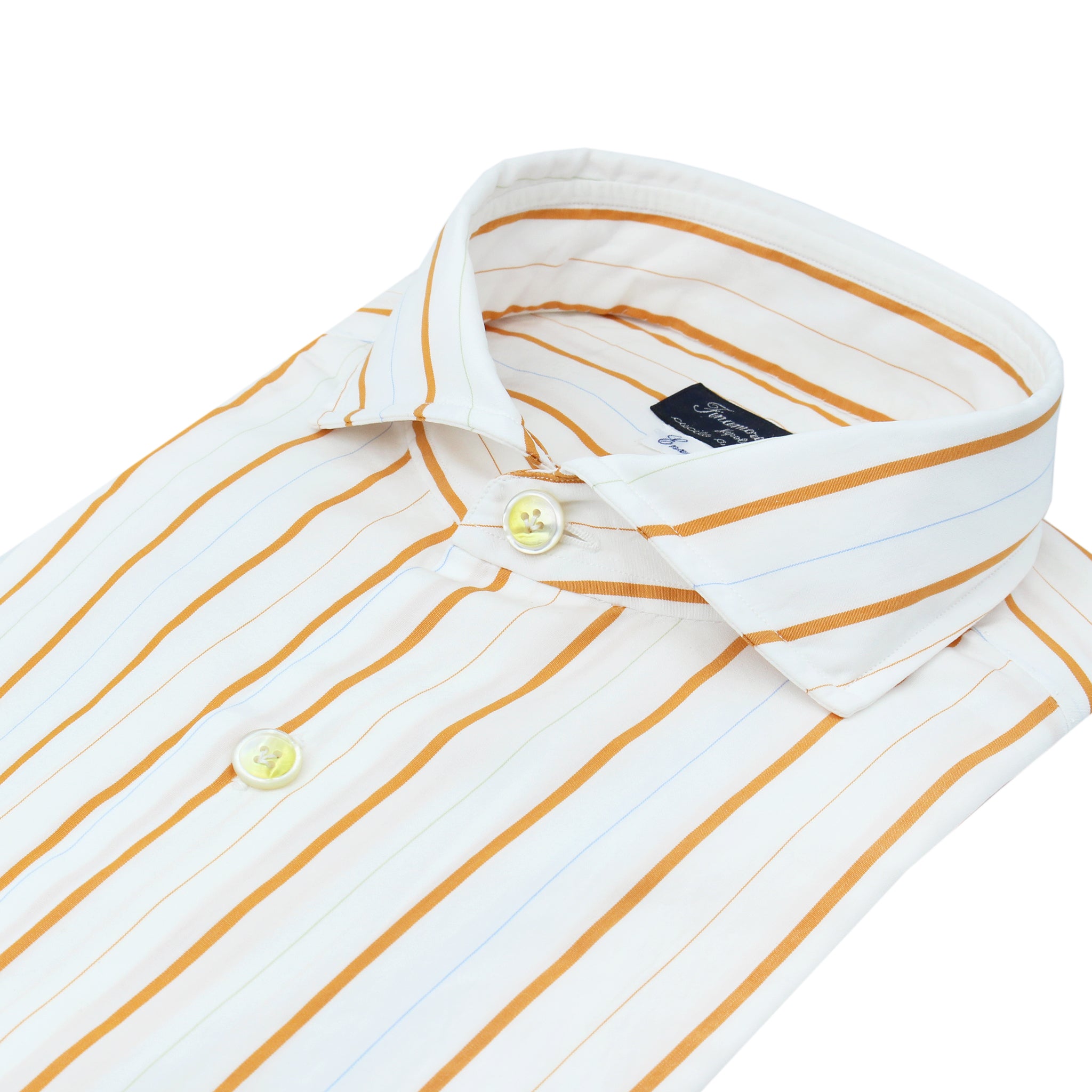Classic Napoli shirt in orange striped cotton. Alumo fabric