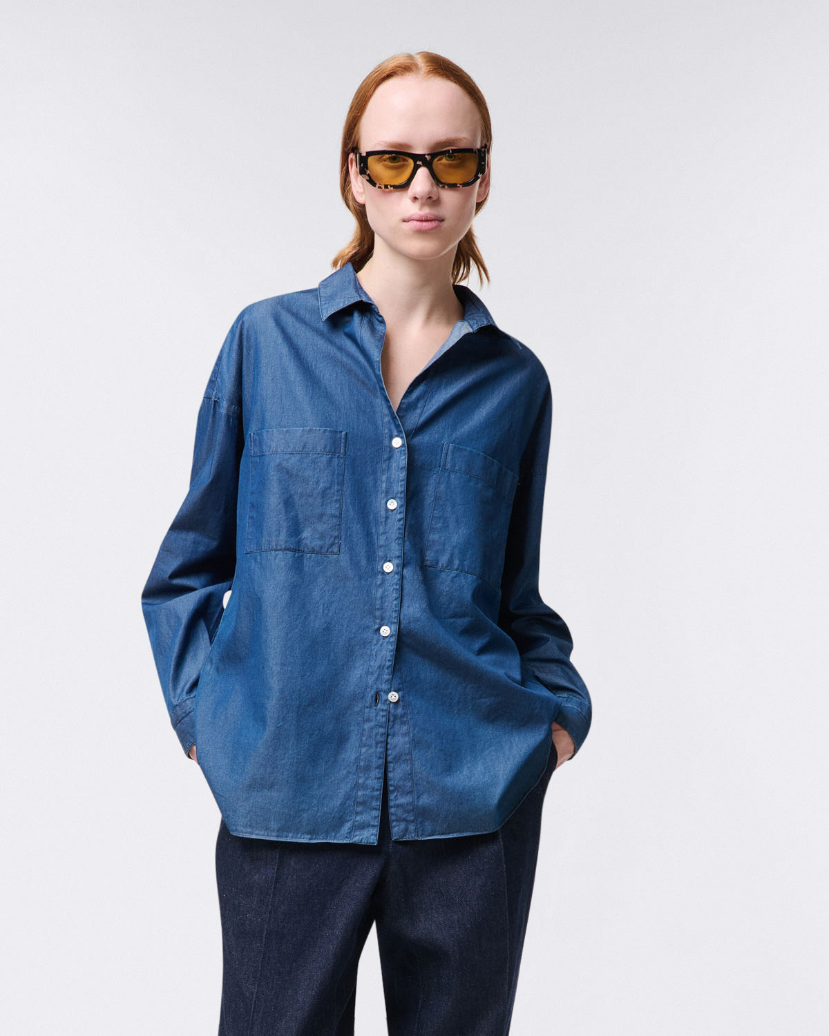 Sonia women's cotton denim shirt with front pockets