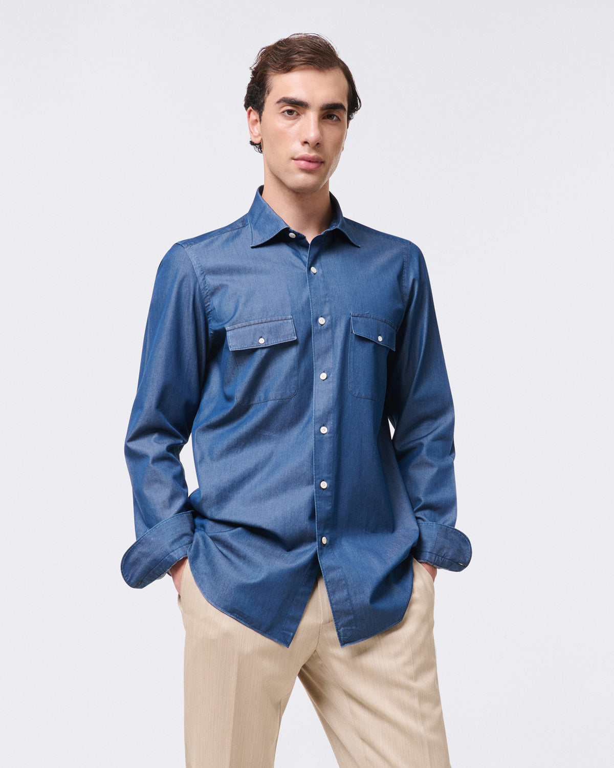 Tokyo slim denim shirt with two flap pockets. Stone wash