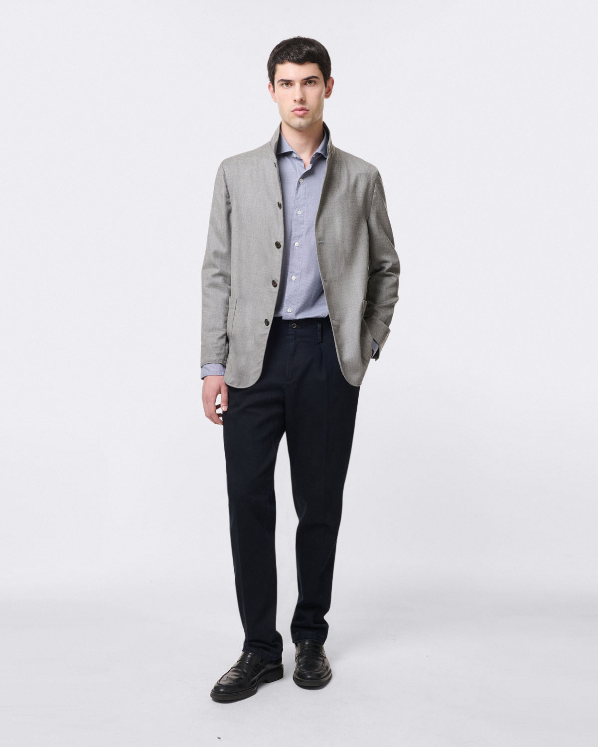 Tokyo slim fit sports shirt in checked blue cotton twill