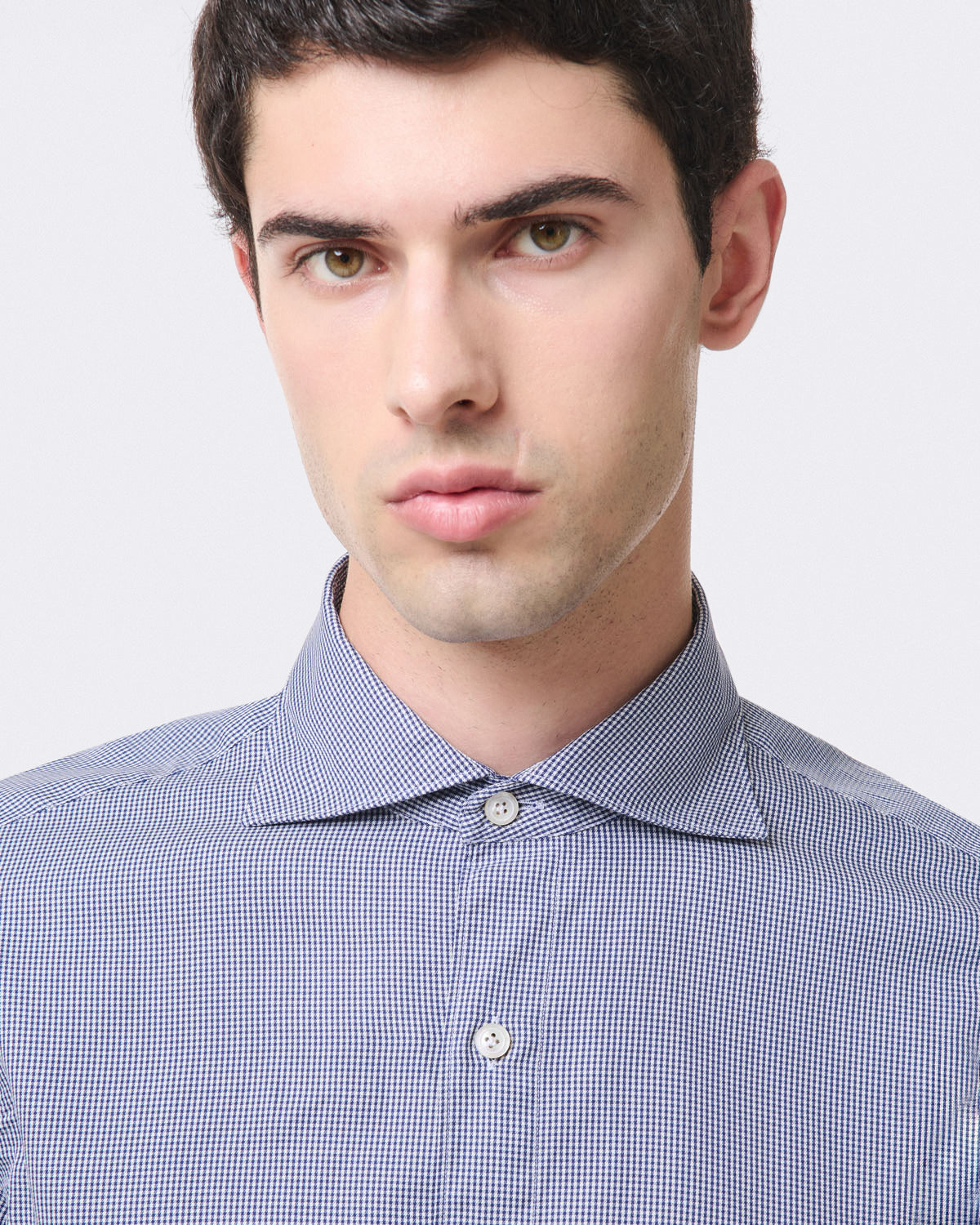 Tokyo slim fit sports shirt in checked blue cotton twill