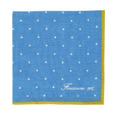 Linen pocket square with light blue background and ochre border