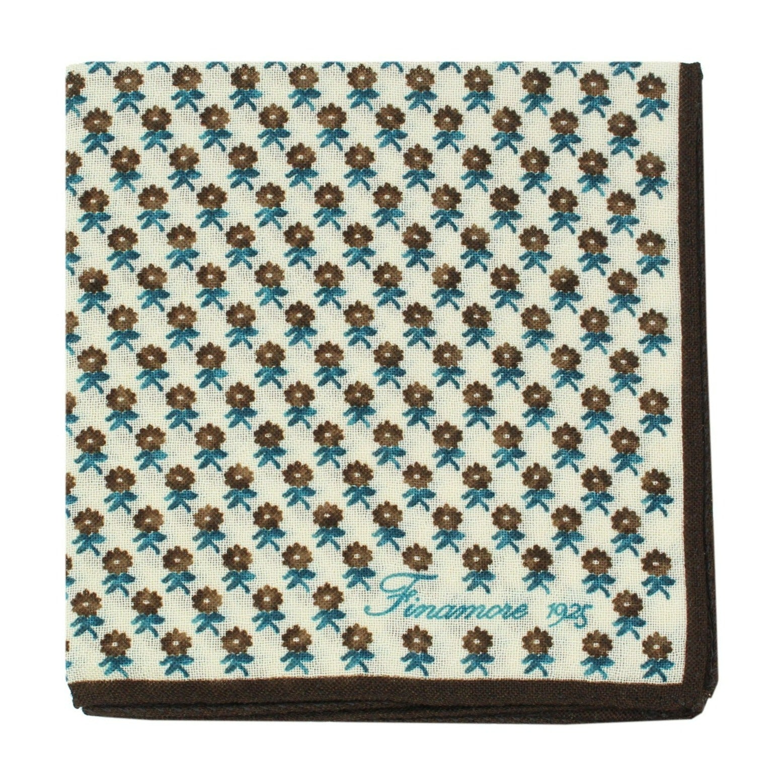 Pochette in lana e seta, bordo marrone e motivo floreale marrone e blu