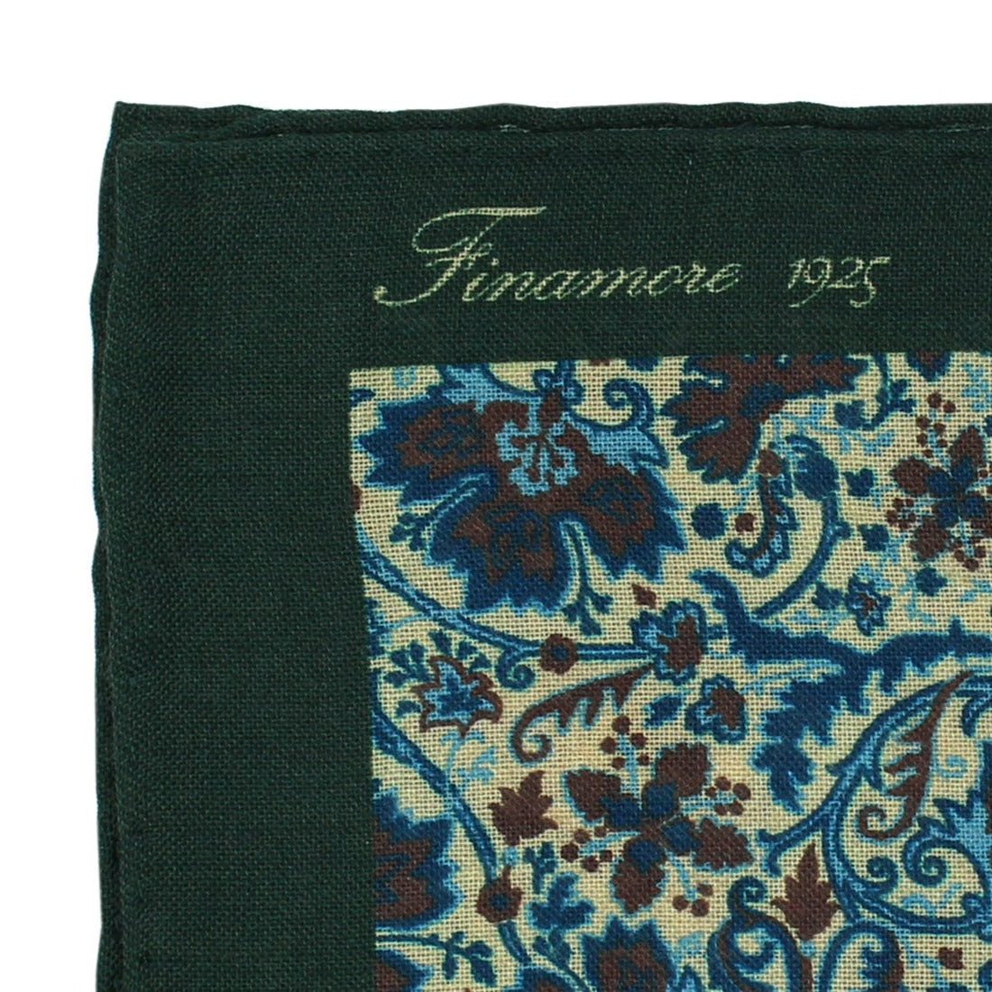 Wool and silk pocket, green border, sand base, blue and brown flowers