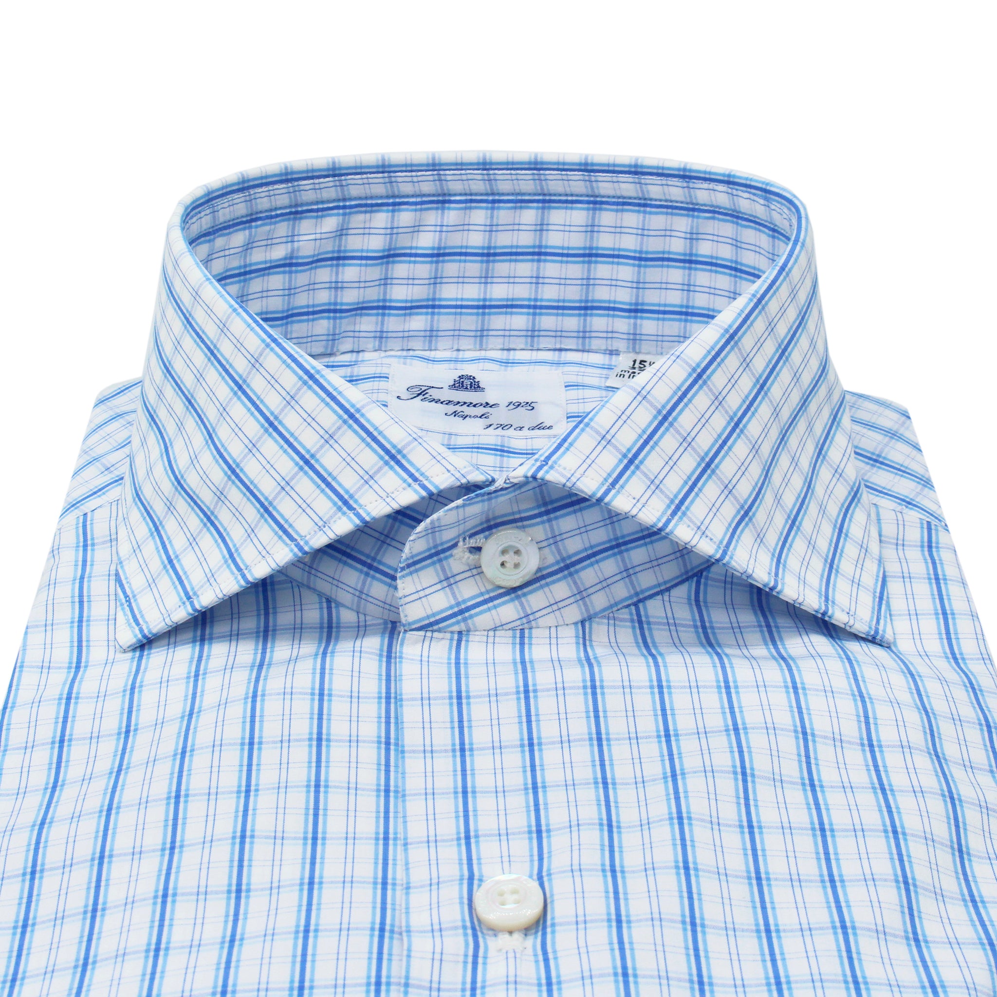 Camicia classica Milano slim fit cotone Giza 45 170 a due, doppio quadretto azzurro