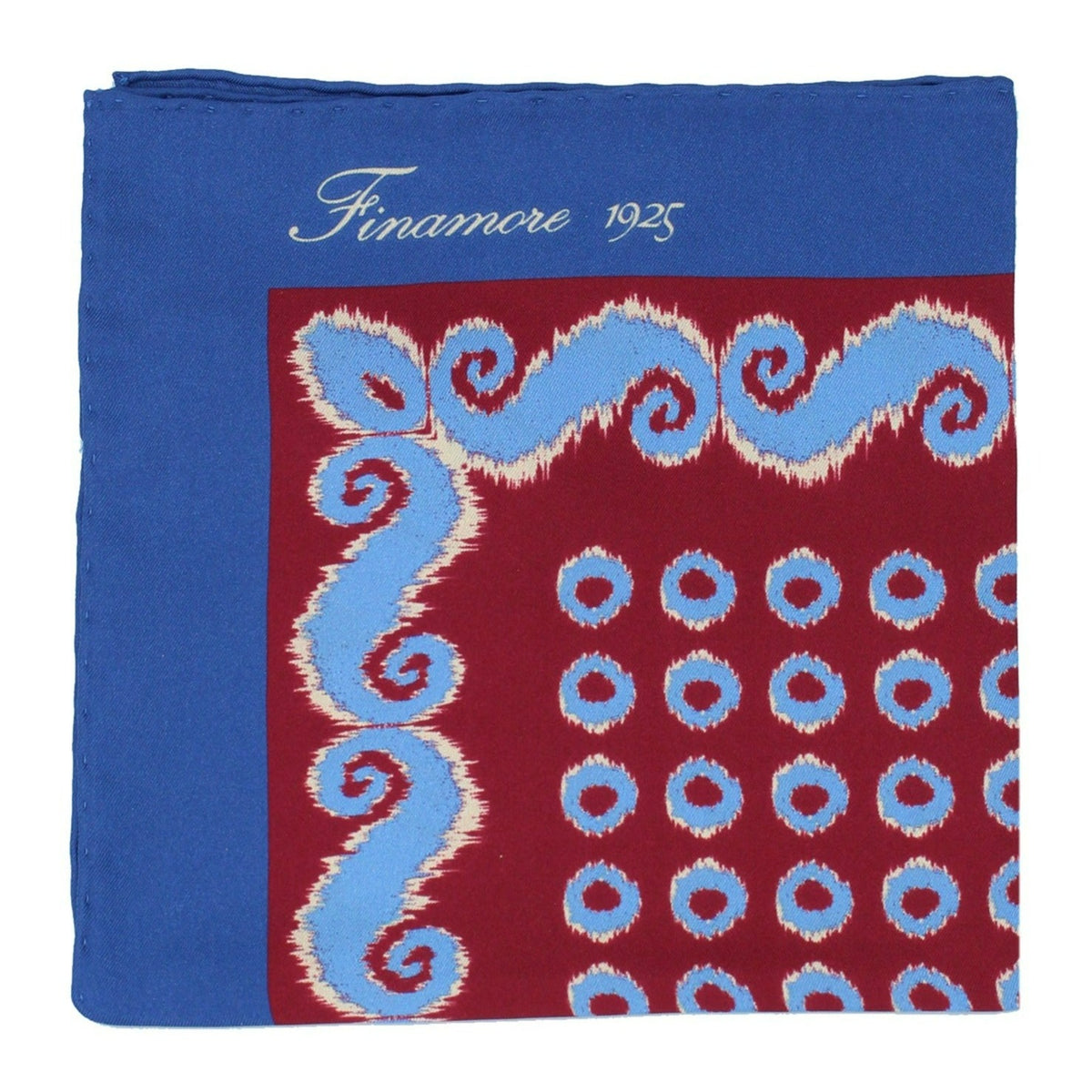 Silk pocket light blue border, red background. Finamore 1925