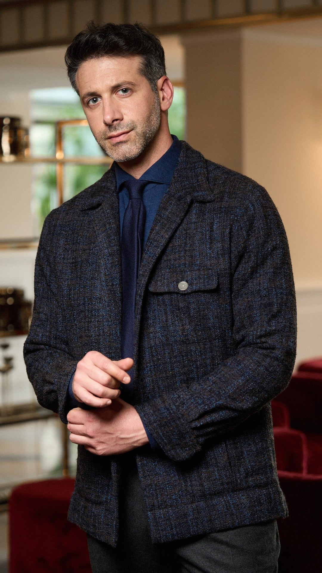 CetaraL over shirt jacket in pure virgin wool and alpaca. Blue or brown