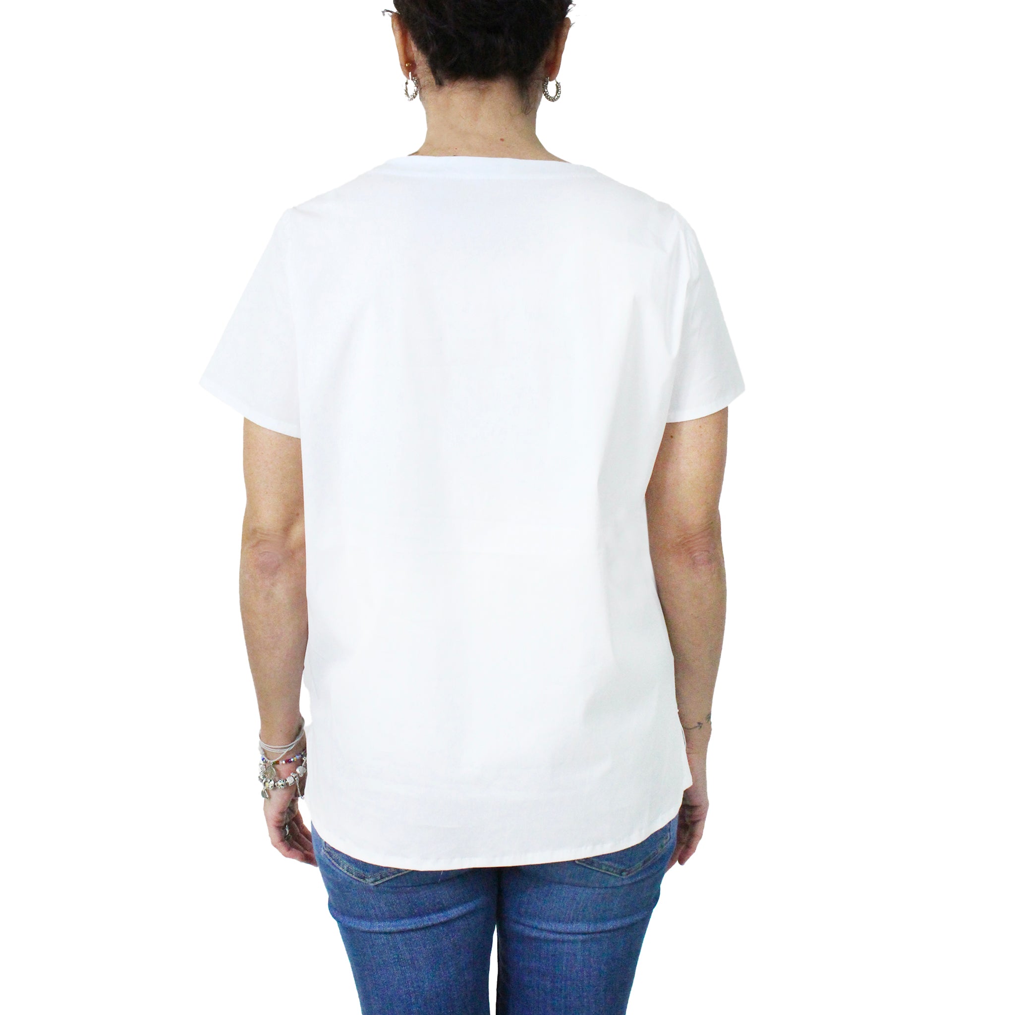 Women's white cotton blouse with boat neckline and short sleeves