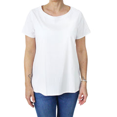 Women's white cotton blouse with boat neckline and short sleeves