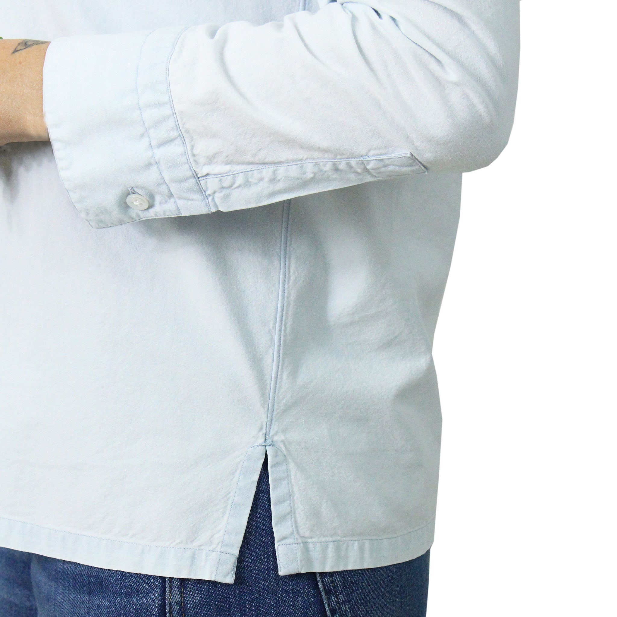Women's cotton denim blouse with boat neckline and long sleeves