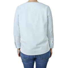 Women's cotton denim blouse with boat neckline and long sleeves