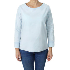 Women's cotton denim blouse with boat neckline and long sleeves
