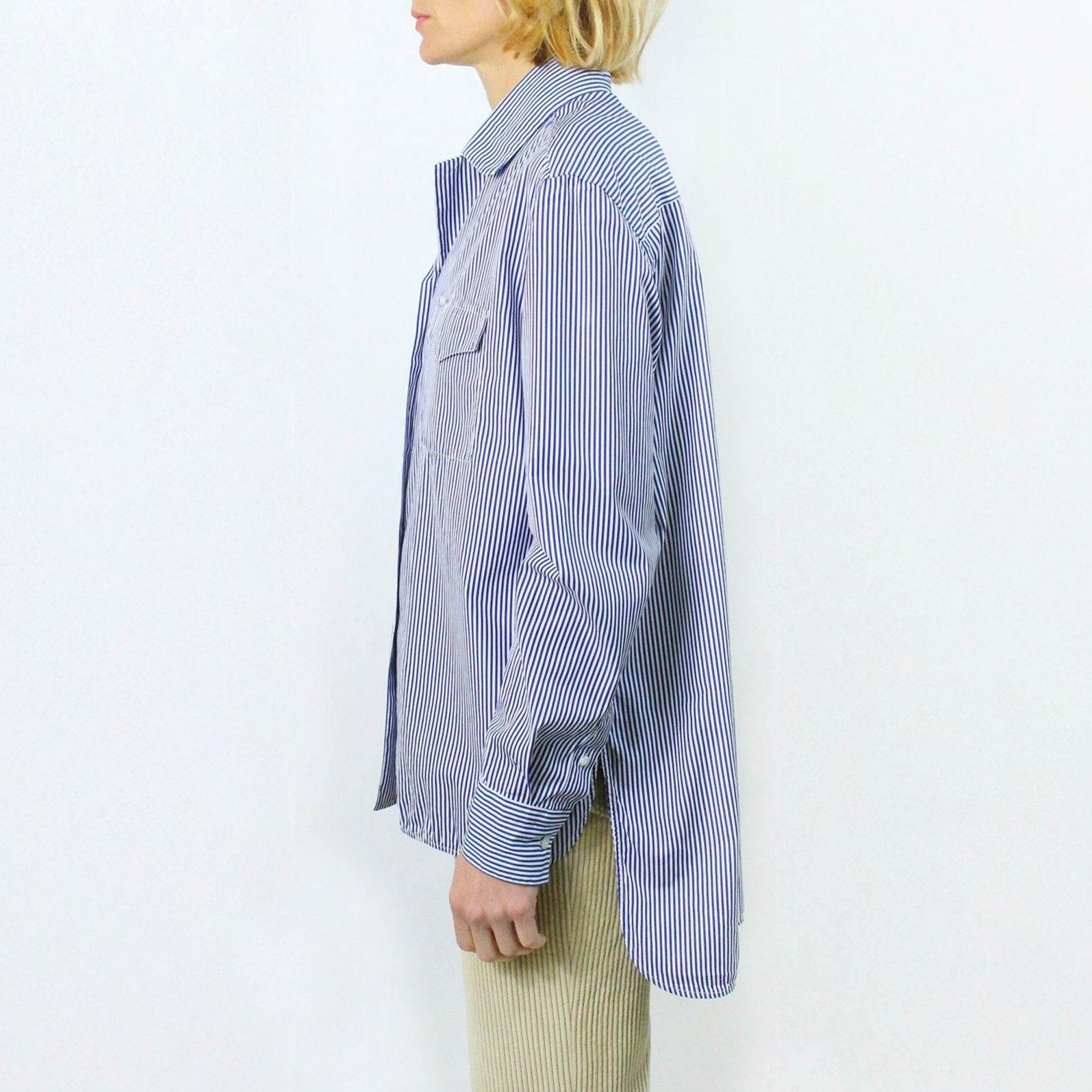 Women's shirt Antonia in blue striped cotton with front pockets