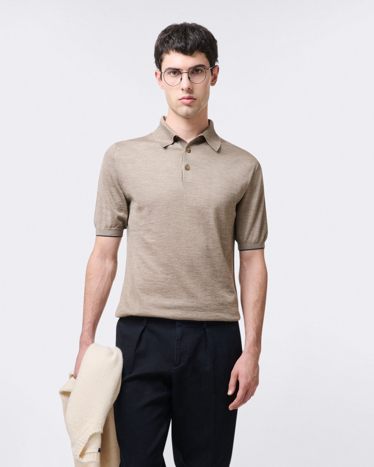 Polo shirt with 3 buttons and short sleeves in cashmere and silk