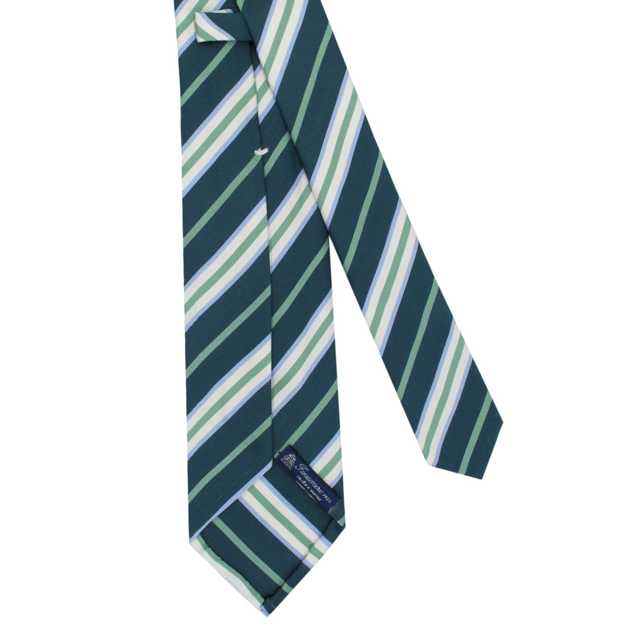 Chiaia Silk and Cotton tie with green, white and light blue stripes