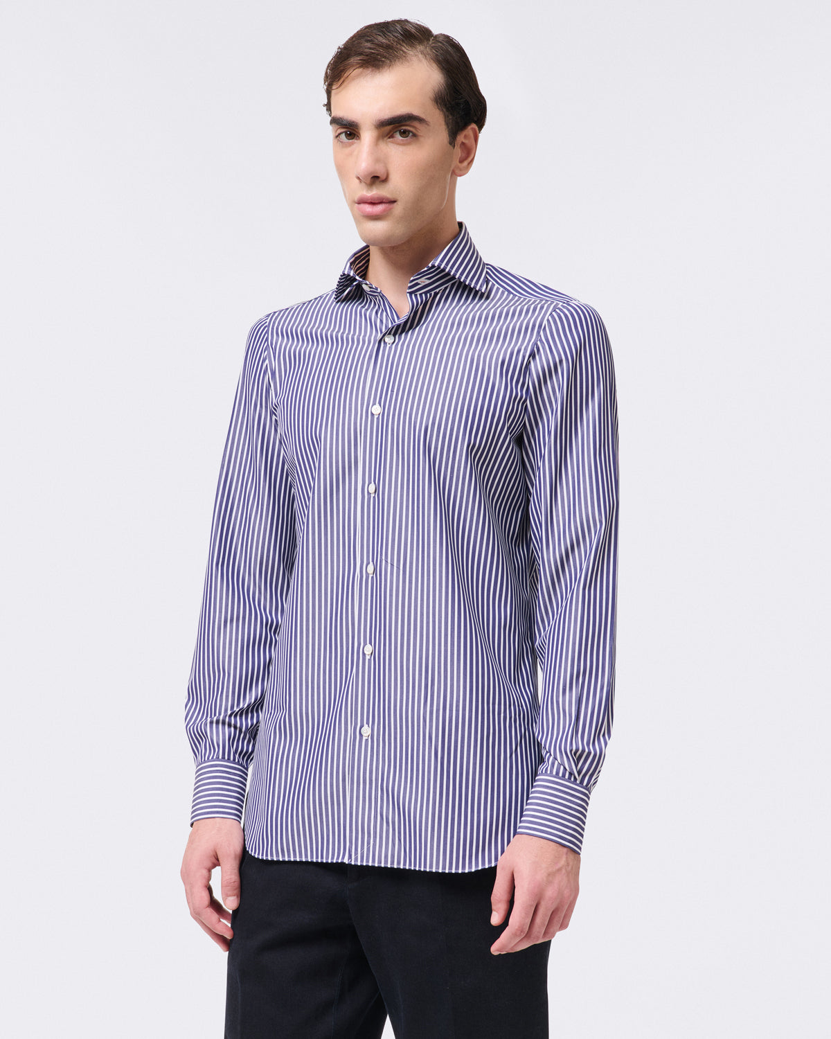 Classic Napoli wide striped cotton shirt blue finamore