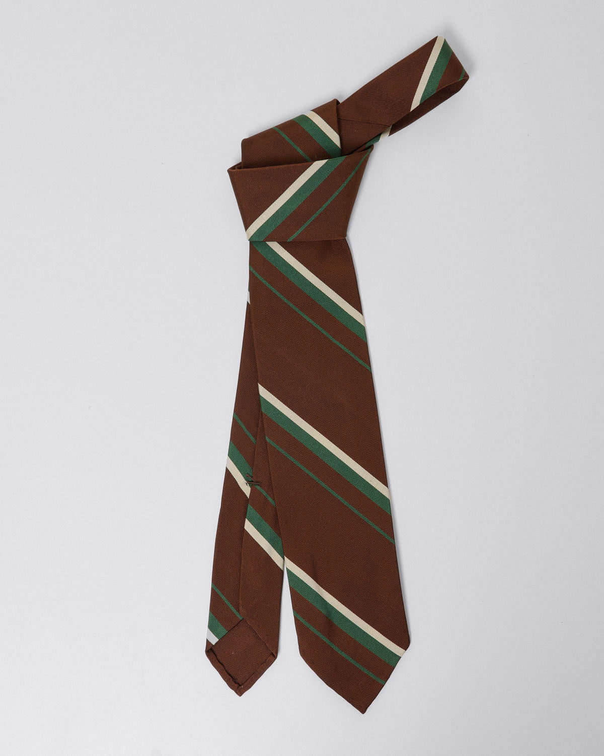 Finamore Anversa regimental silk and cotton tie, brown stripes white and green
