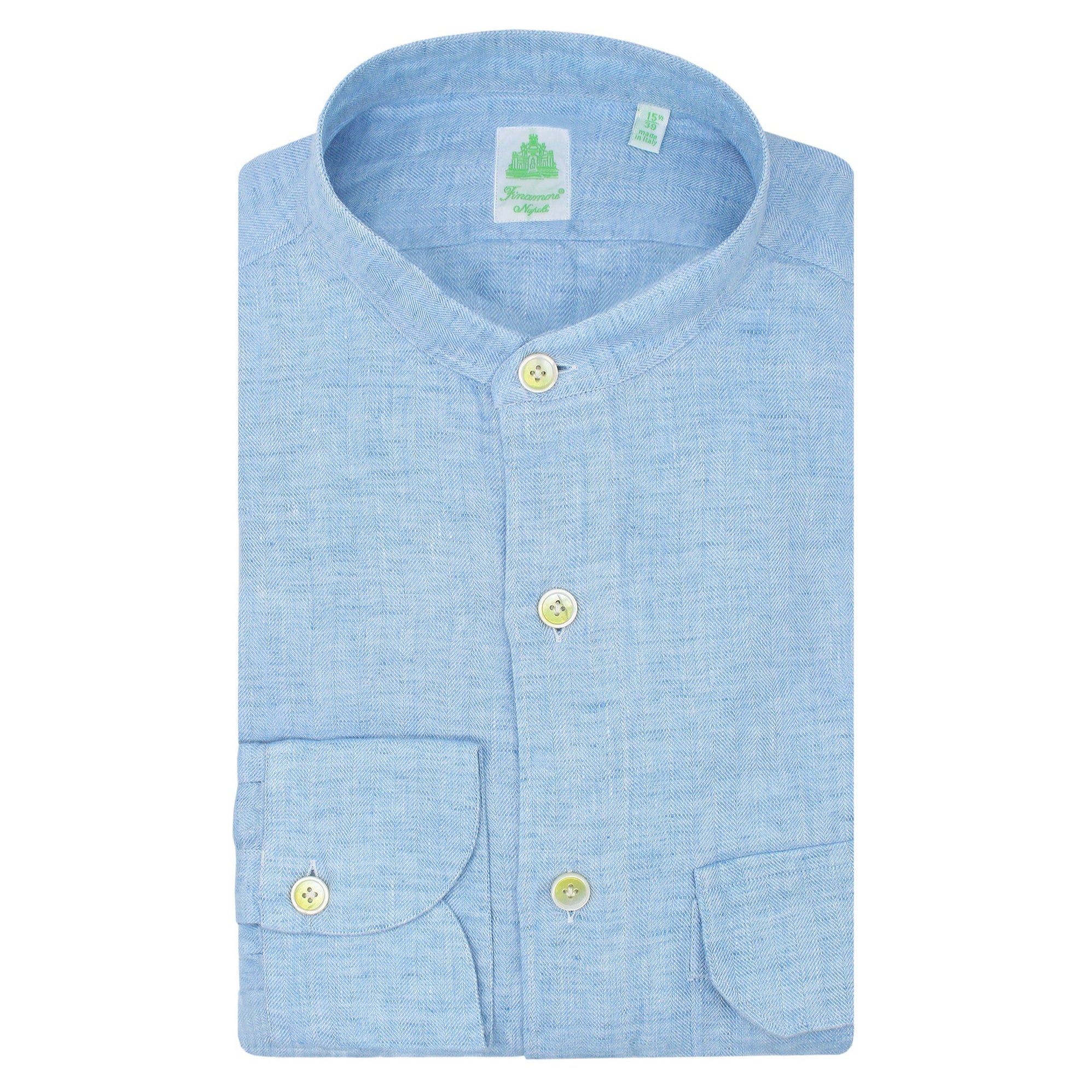 Finamore linen shirt with Korean collar and pocket on front