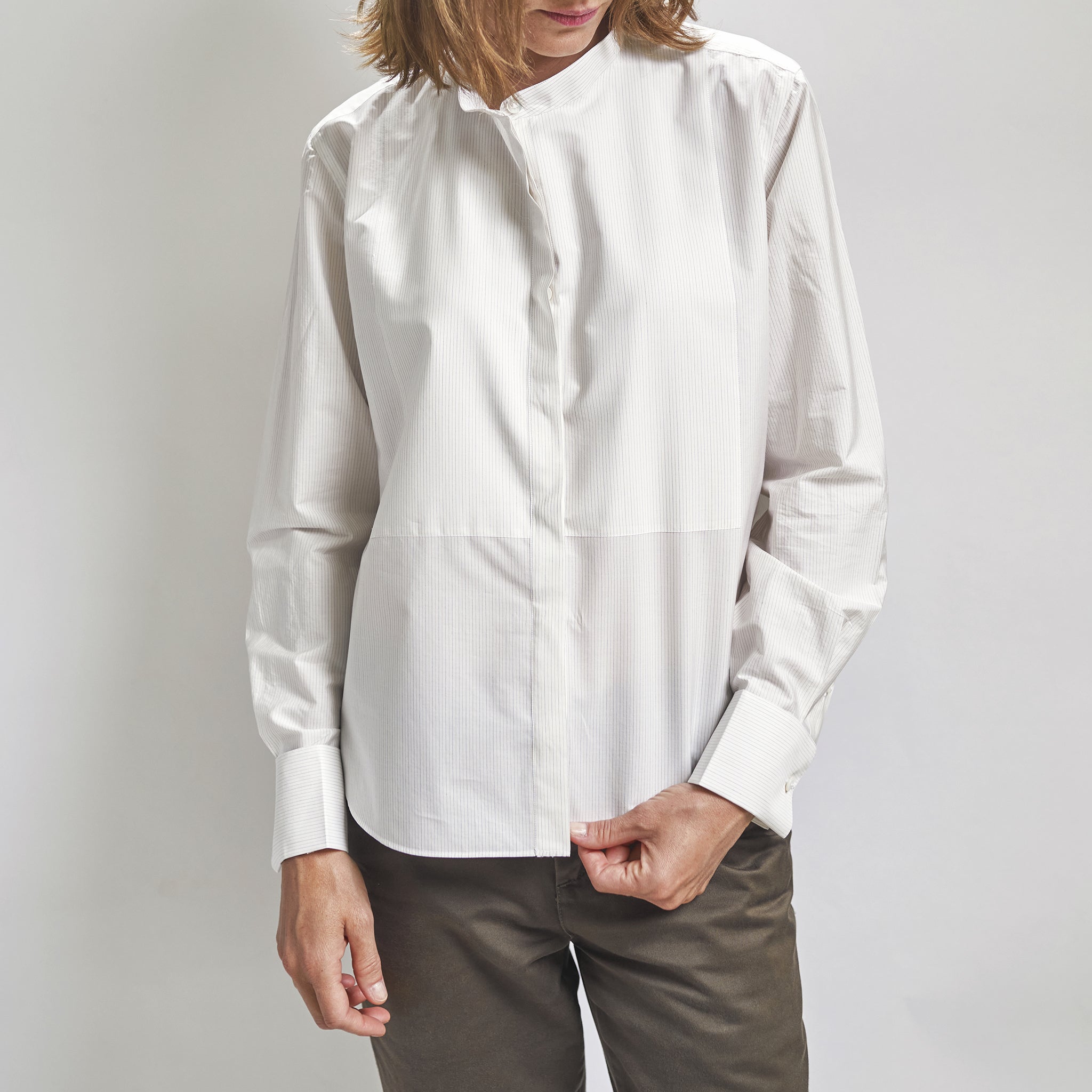 Finamore woman's evening shirt in white cotton, korean collar 