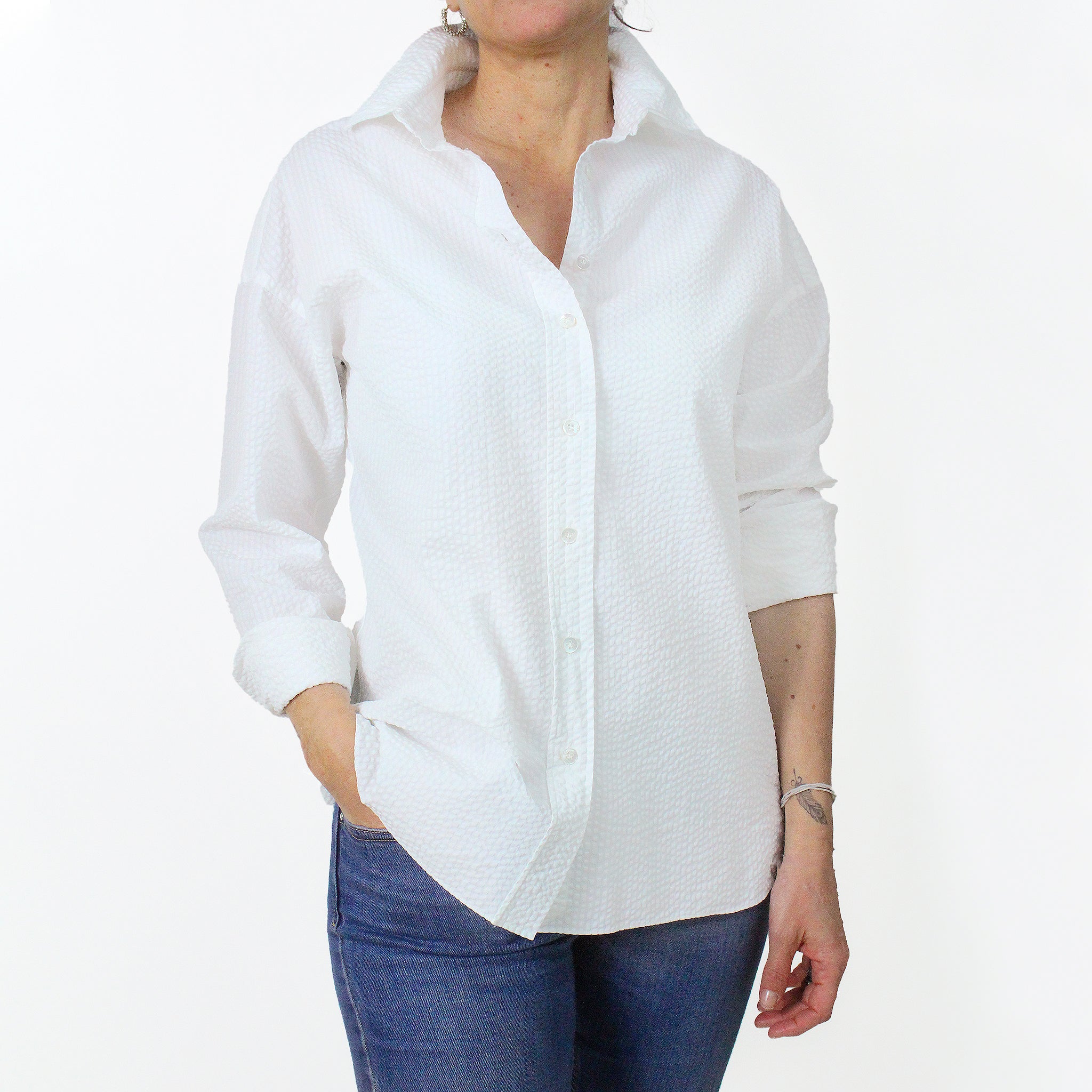 Women's regular white cotton seersuker shirt Finamore