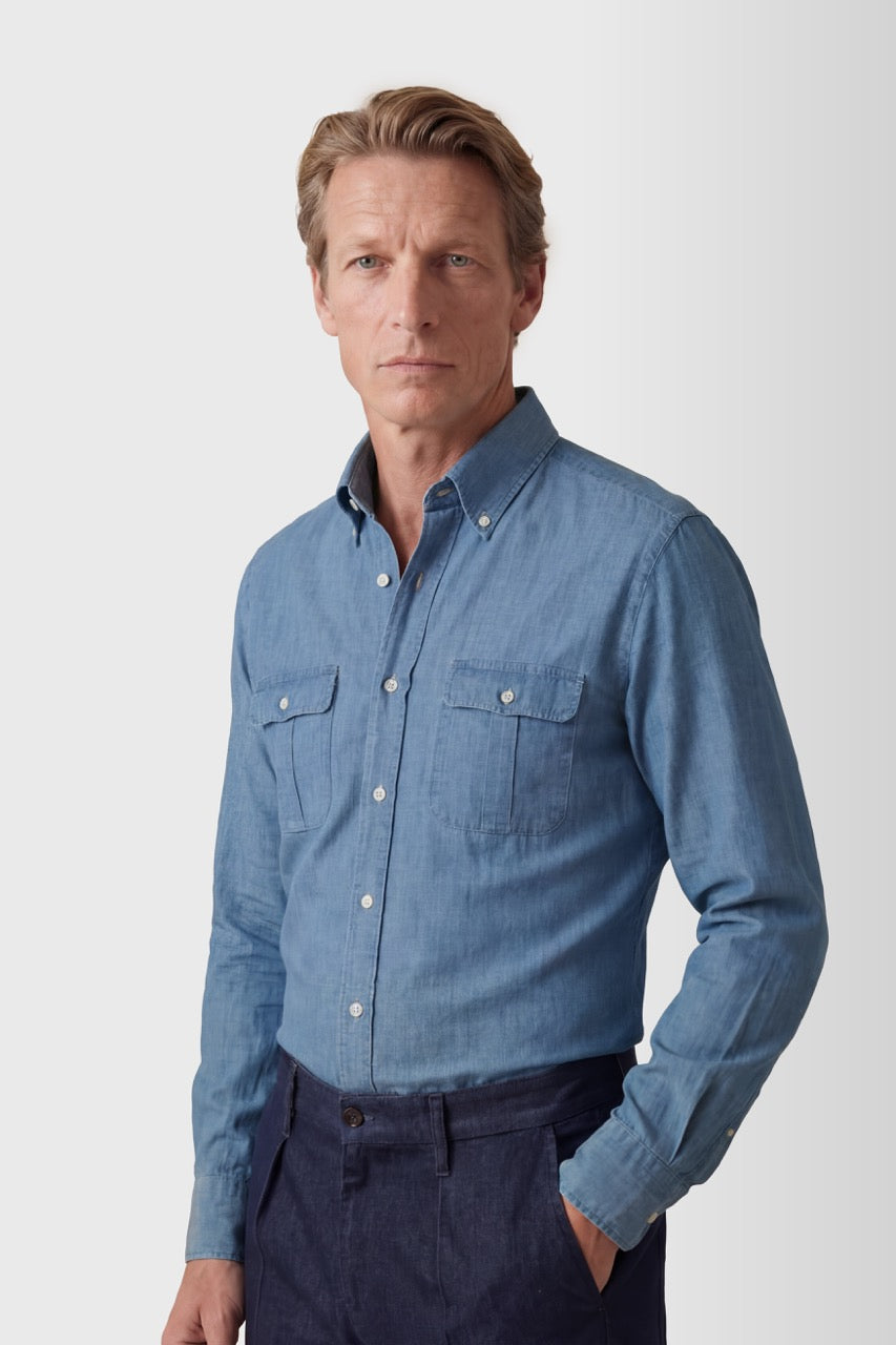 Gaeta shirt regular fit cotton-linen indaco denim vintage wash Lucio button-down collar