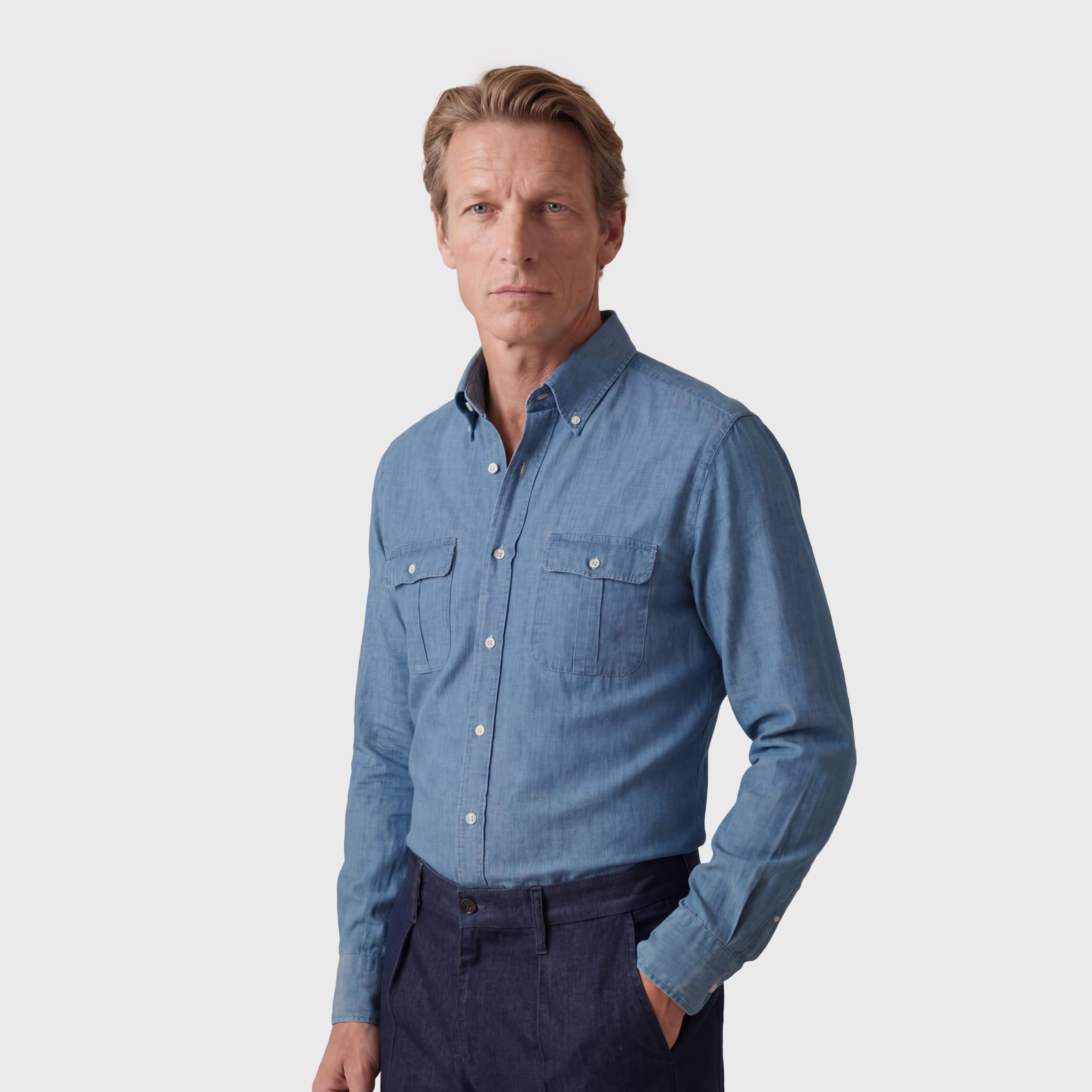 Gaeta shirt regular fit cotton-linen indaco denim vintage wash Lucio button-down collar