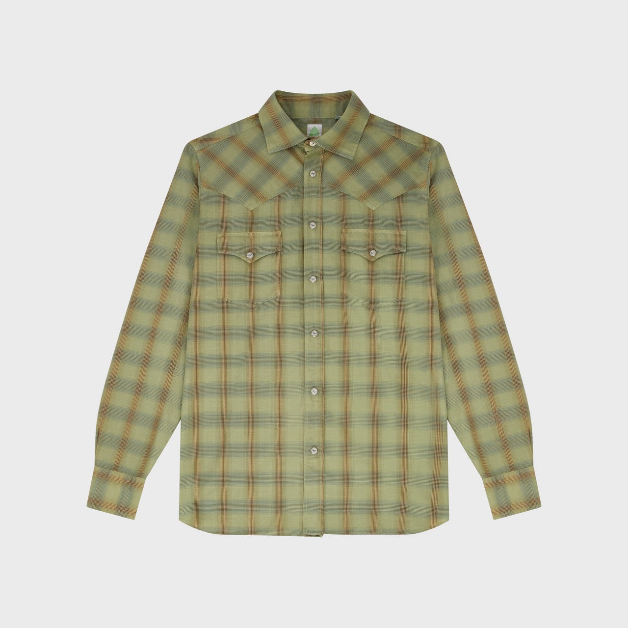 Gaeta western shirt regular fit cotton-linen sage green check garment dyed Luigi collar