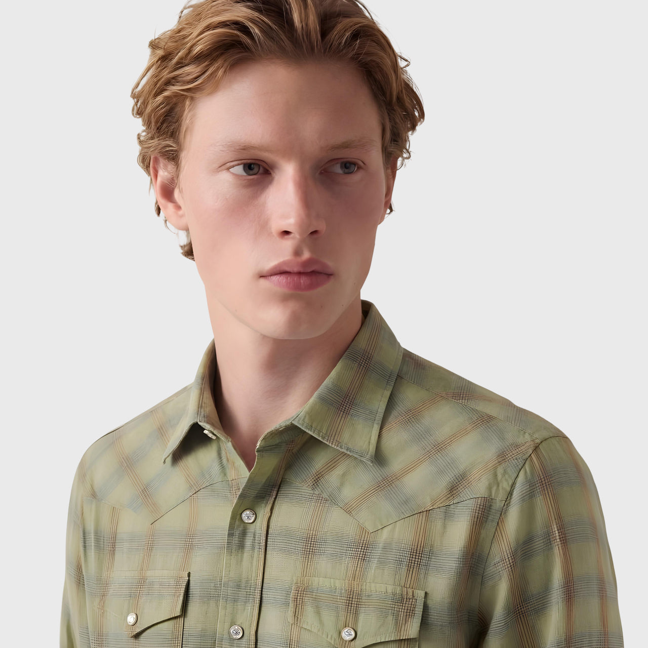 Gaeta western shirt regular fit cotton-linen sage green check garment dyed Luigi collar