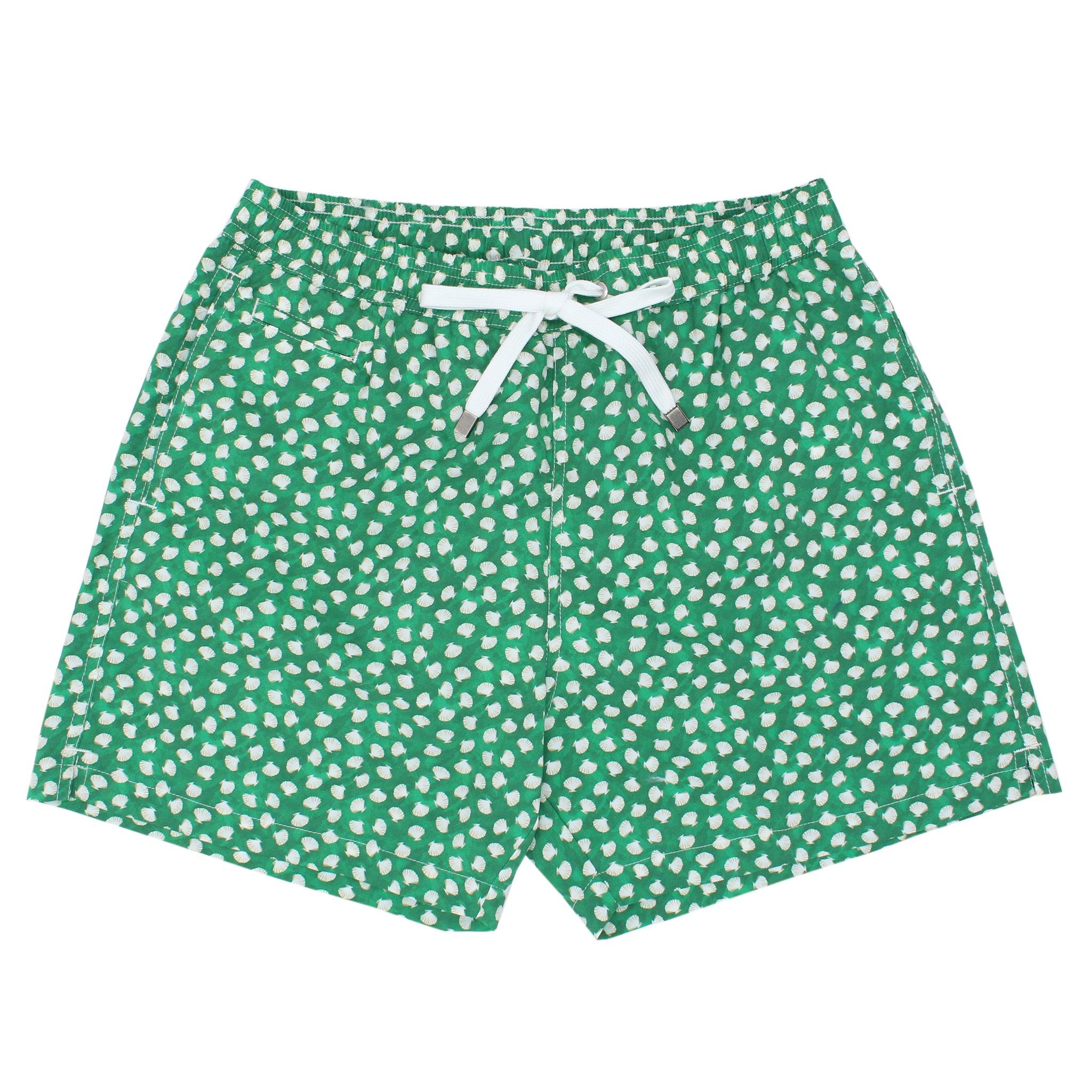 Costume da bagno verde con conchiglie. Asciugatura rapida e multitasche