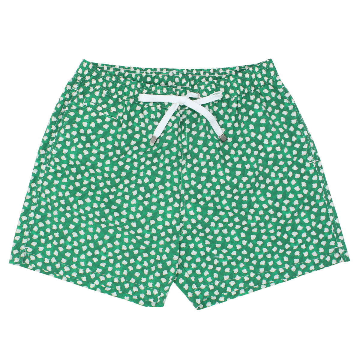 Costume da bagno verde con conchiglie. Asciugatura rapida e multitasche