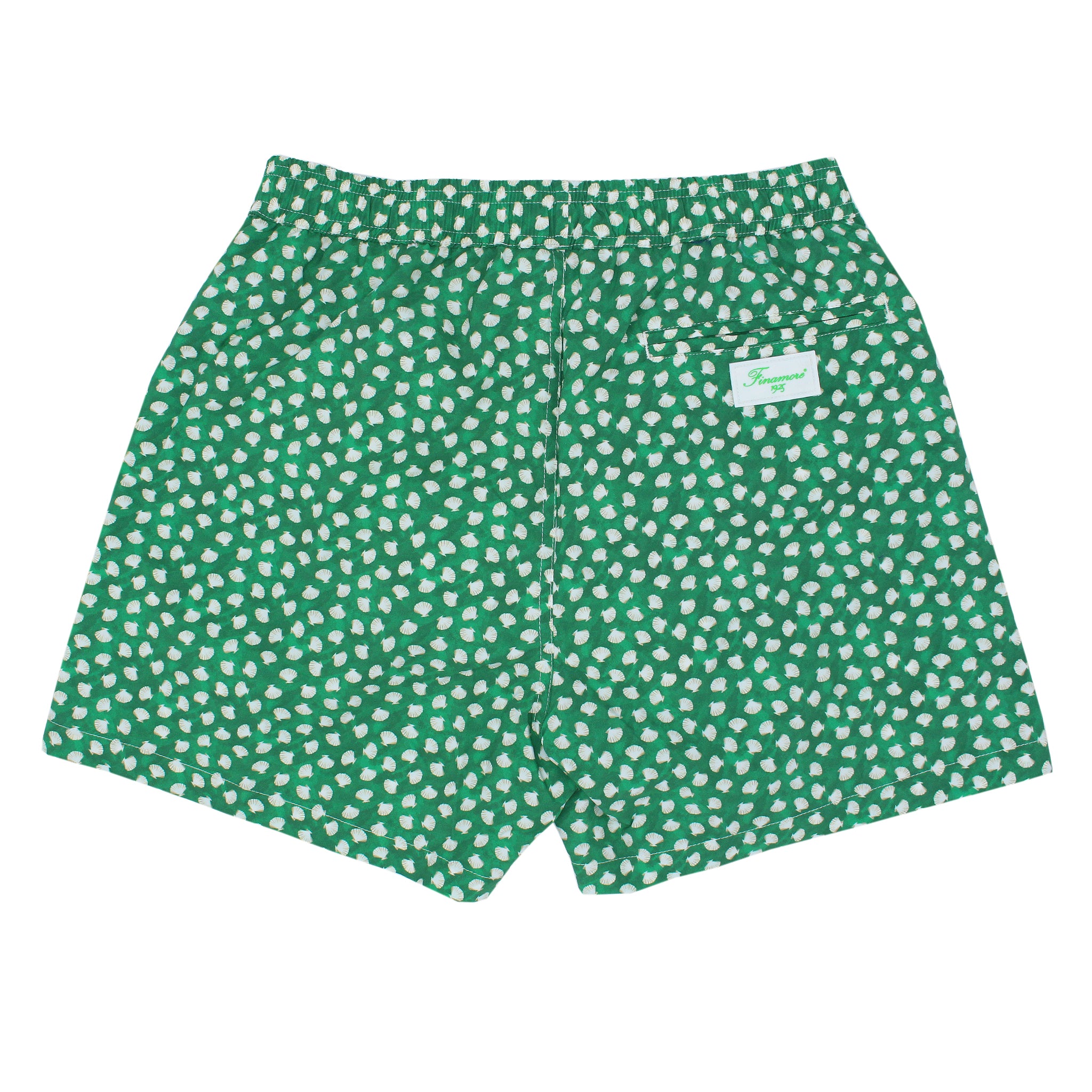 Costume da bagno verde con conchiglie. Asciugatura rapida e multitasche