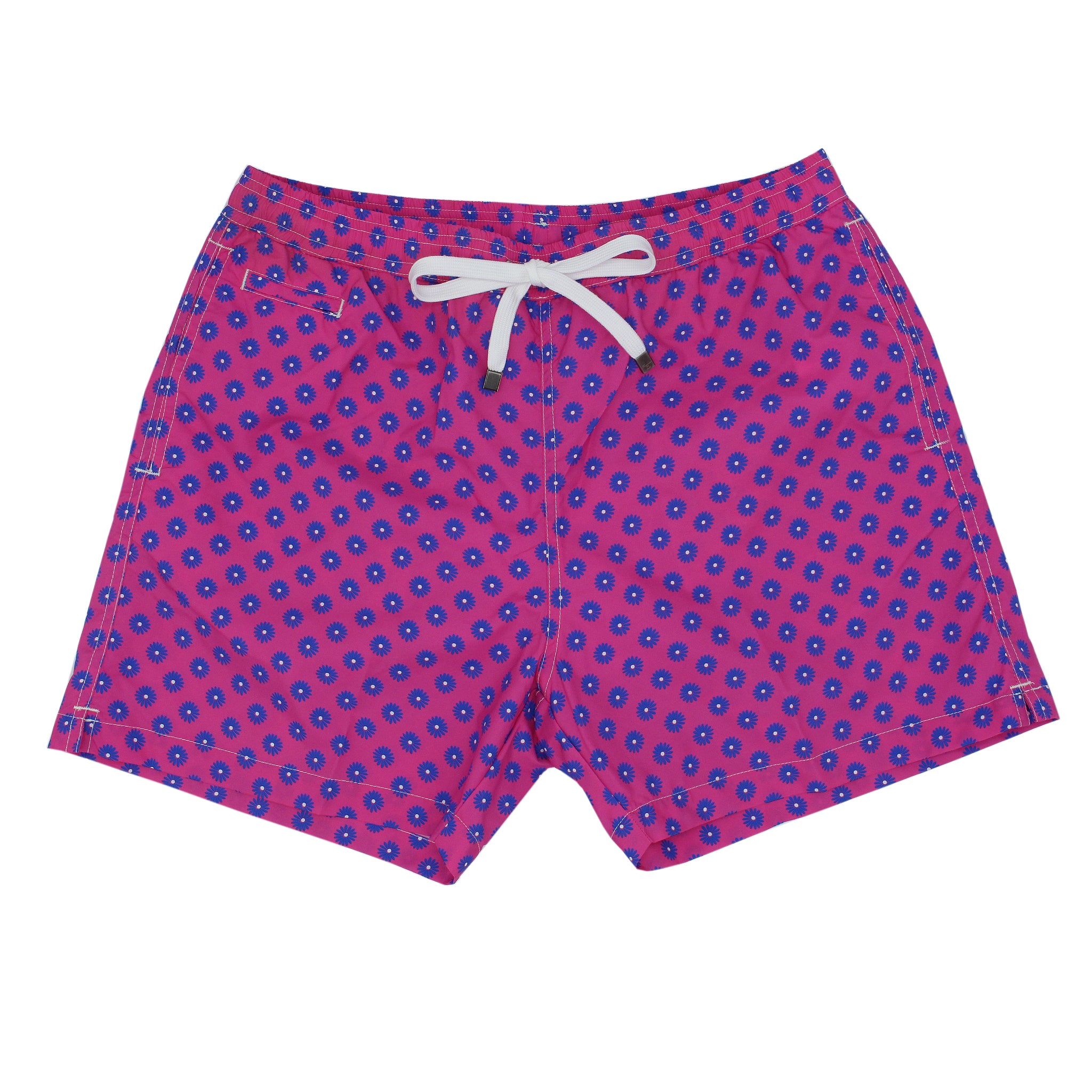 Costume da bagno rosso o rosa con fiori blu. Asciugatura rapida