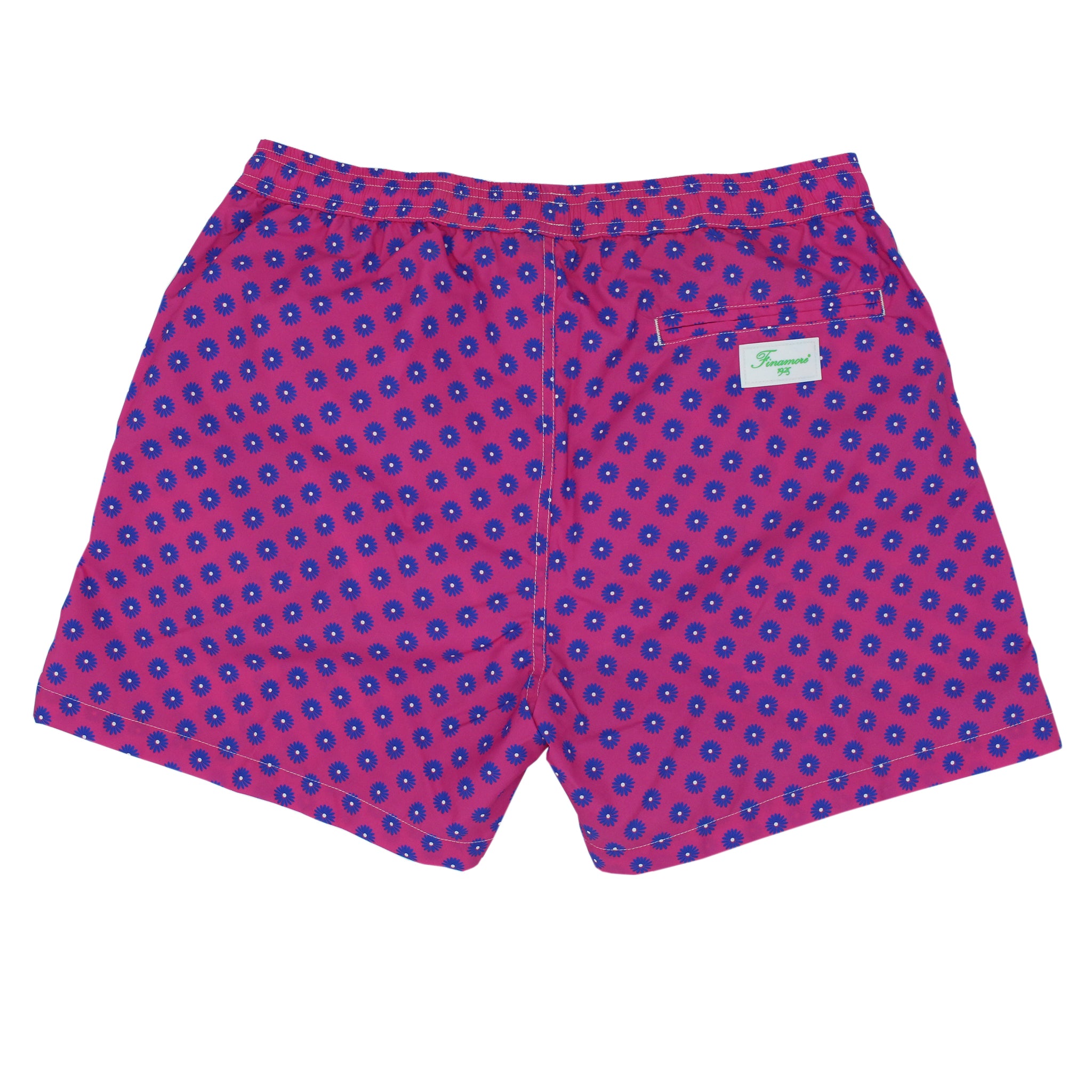 Costume da bagno rosso o rosa con fiori blu. Asciugatura rapida