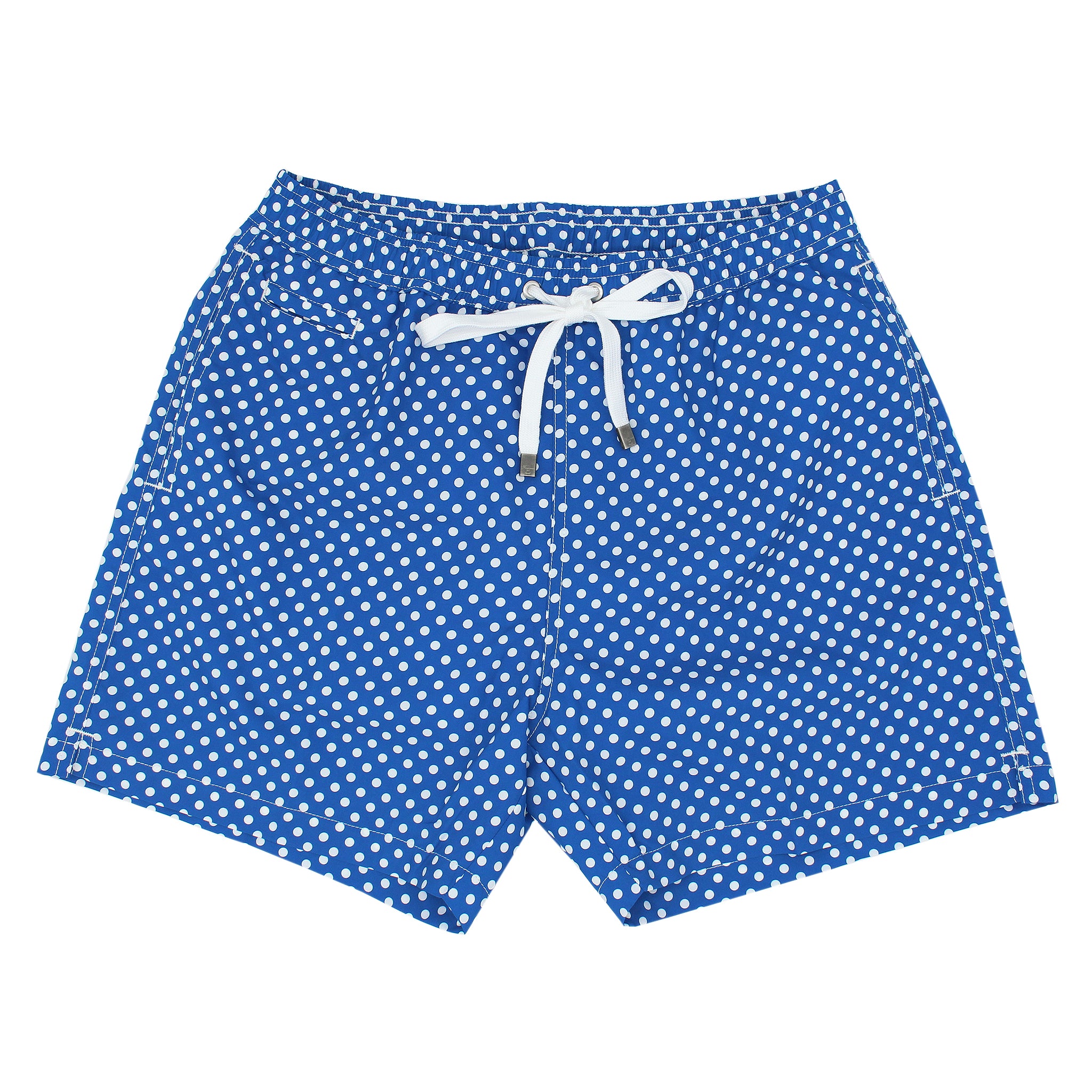 Costume da bagno a pois blu e bianchi. Asciugatura rapida e multitasche