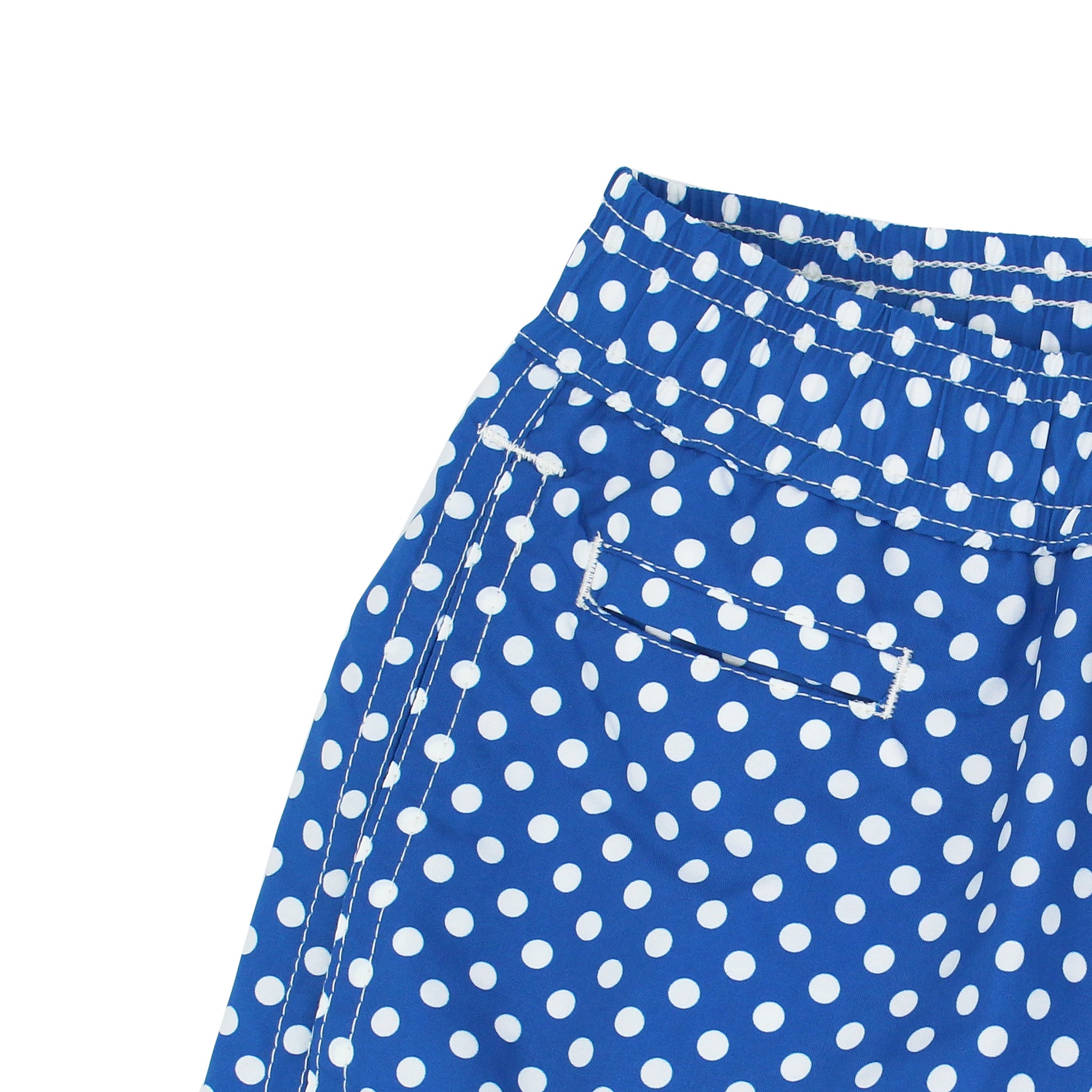 Costume da bagno a pois blu e bianchi. Asciugatura rapida e multitasche