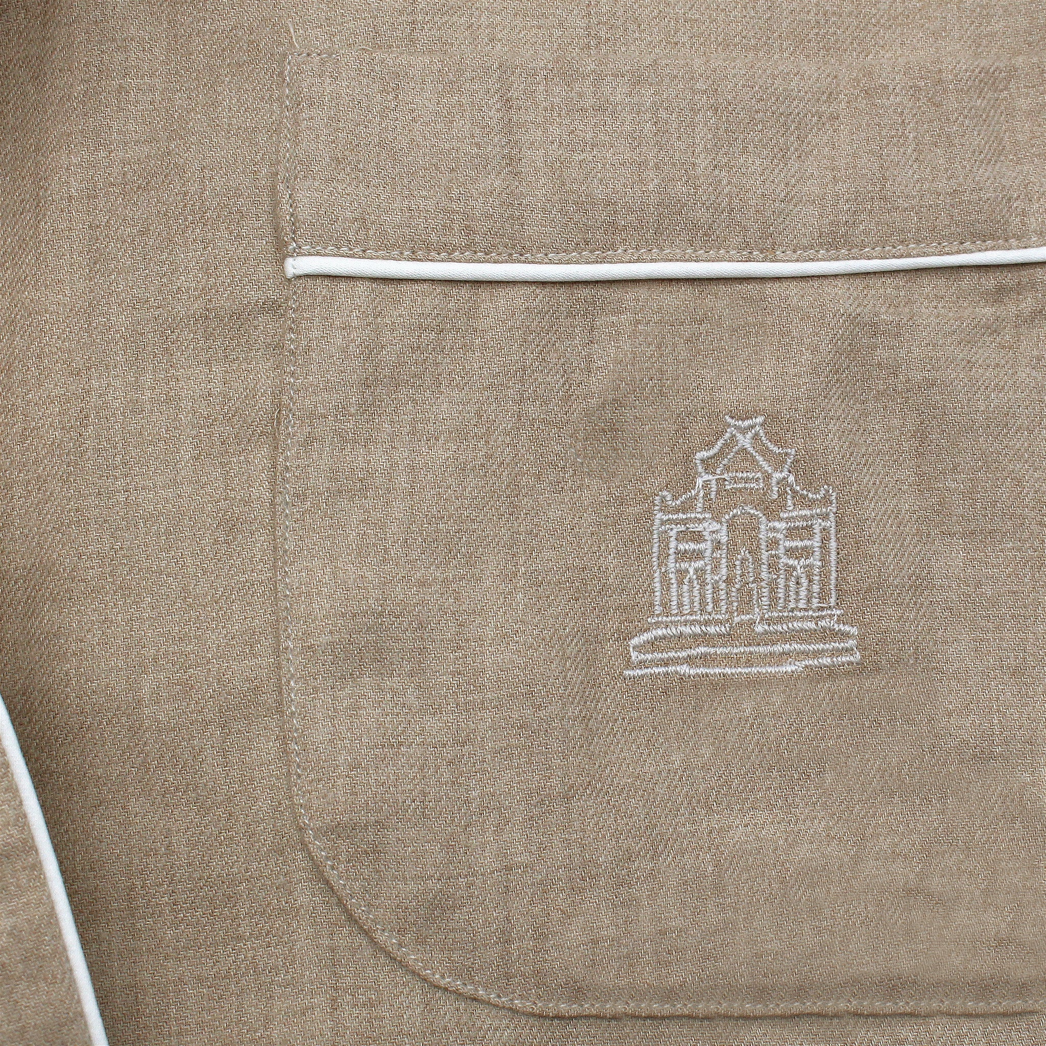 Tailored cotton and cashmere gown with pockets and contrasting piping