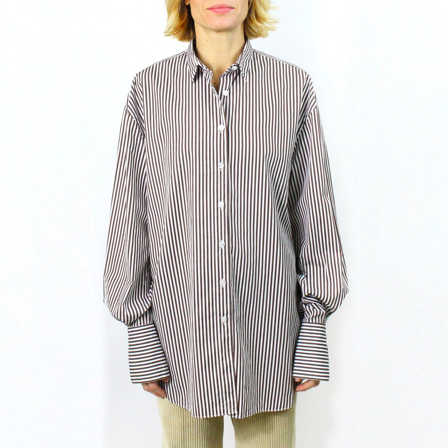 Women's oversize cotton shirt, striped brown