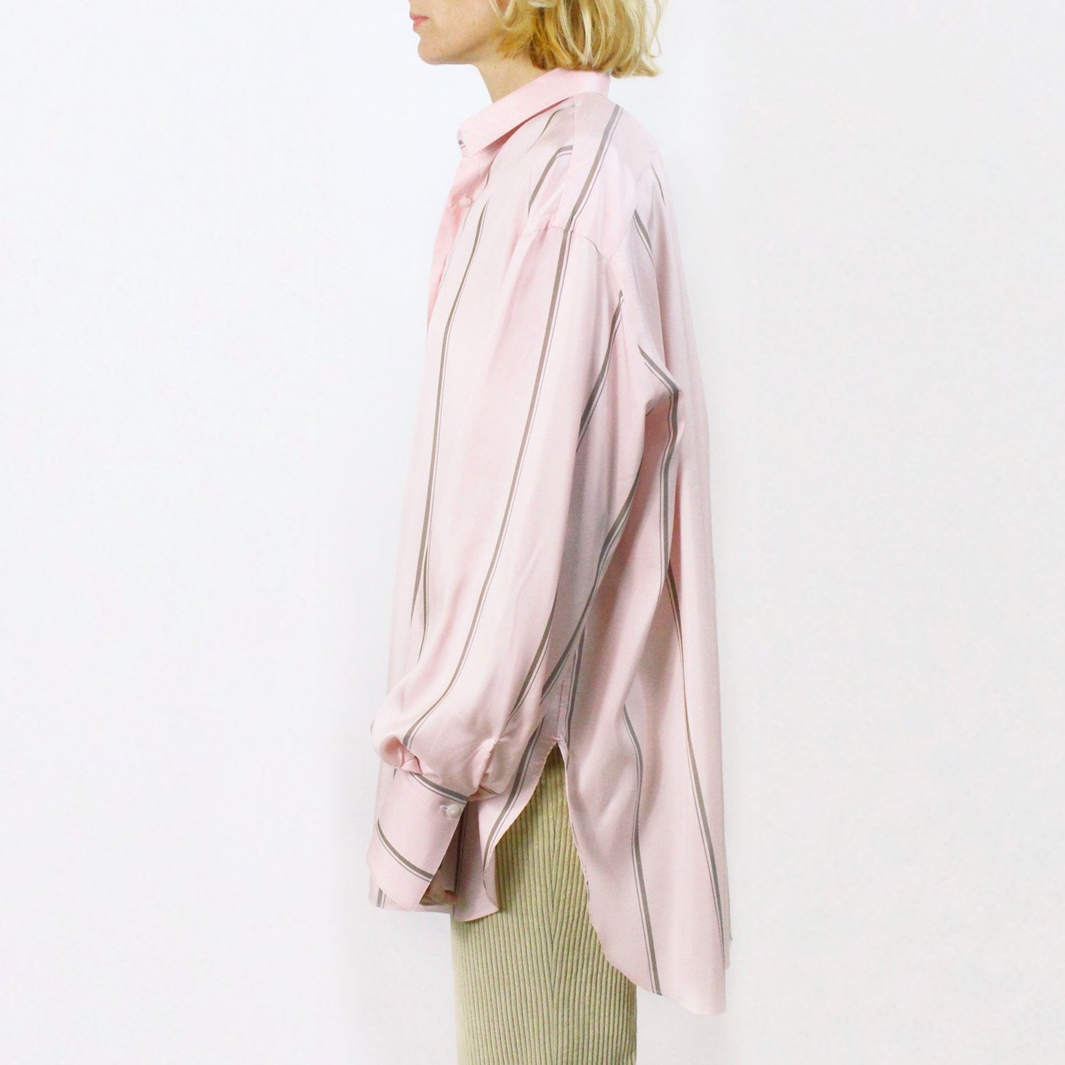 Women's silk over shirt pink striped brown bottom