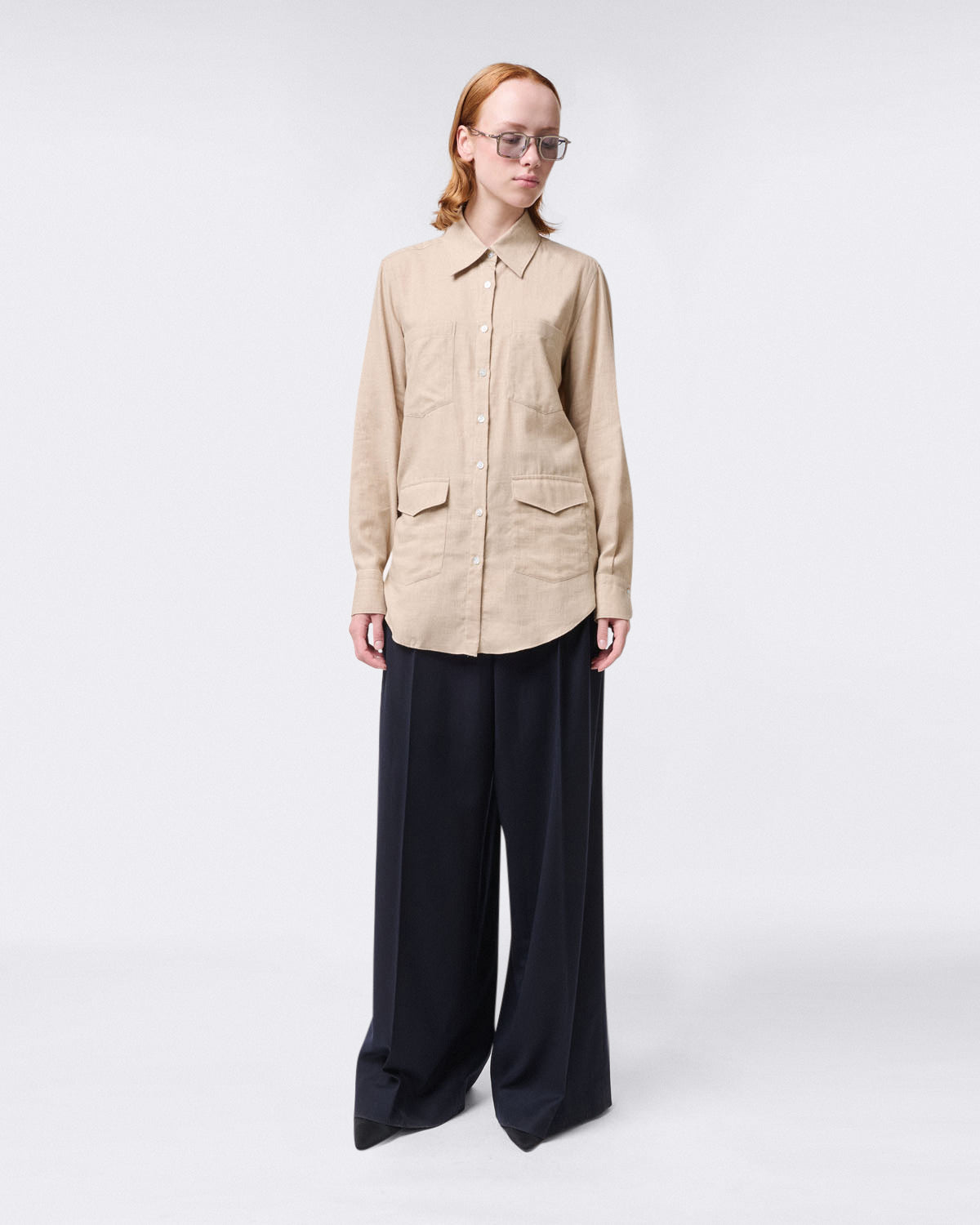 Women's shirt in Alumo cotton and cashmere fabric with front pockets