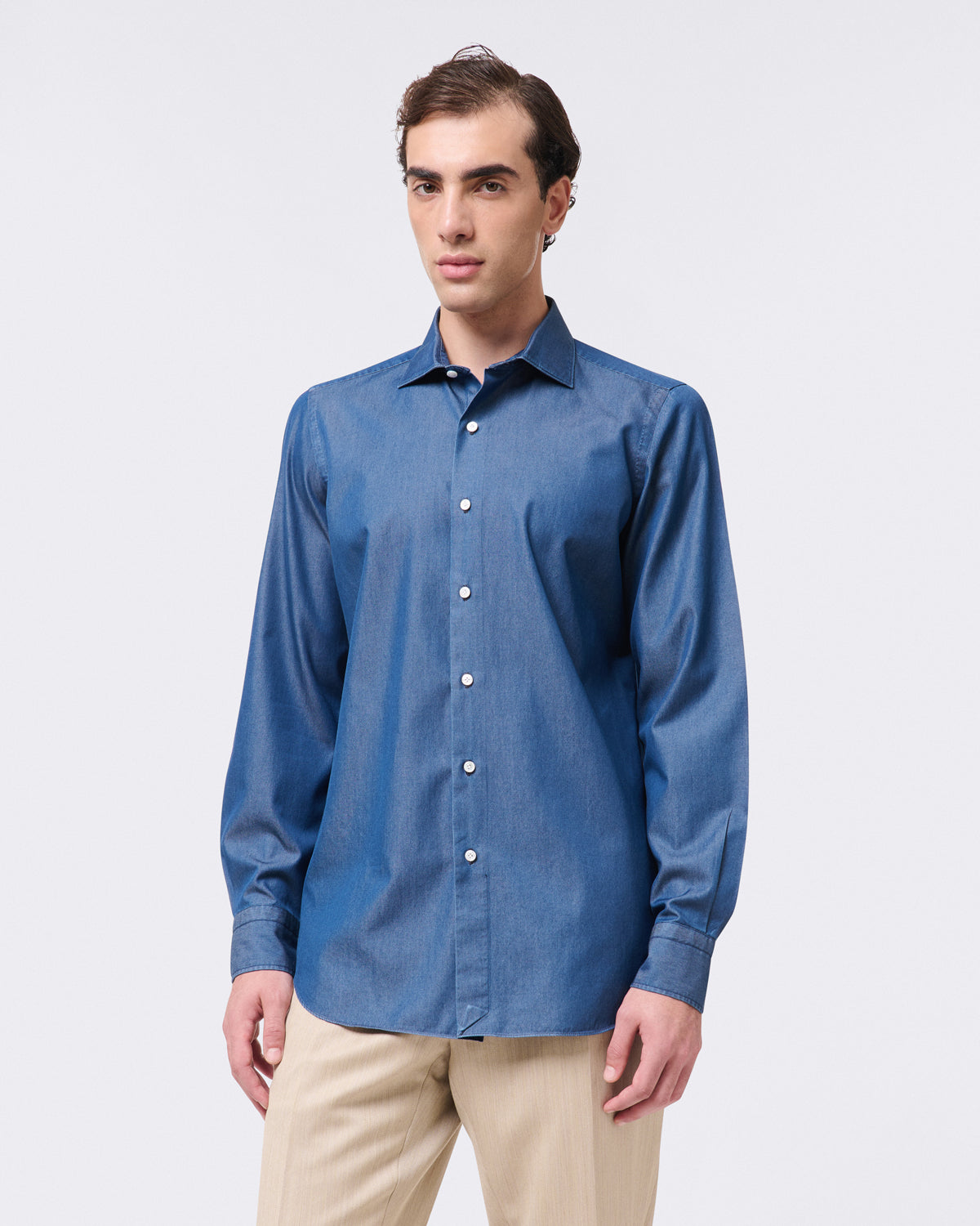 Camicia classica Milano slim fit in denim bleach e stone