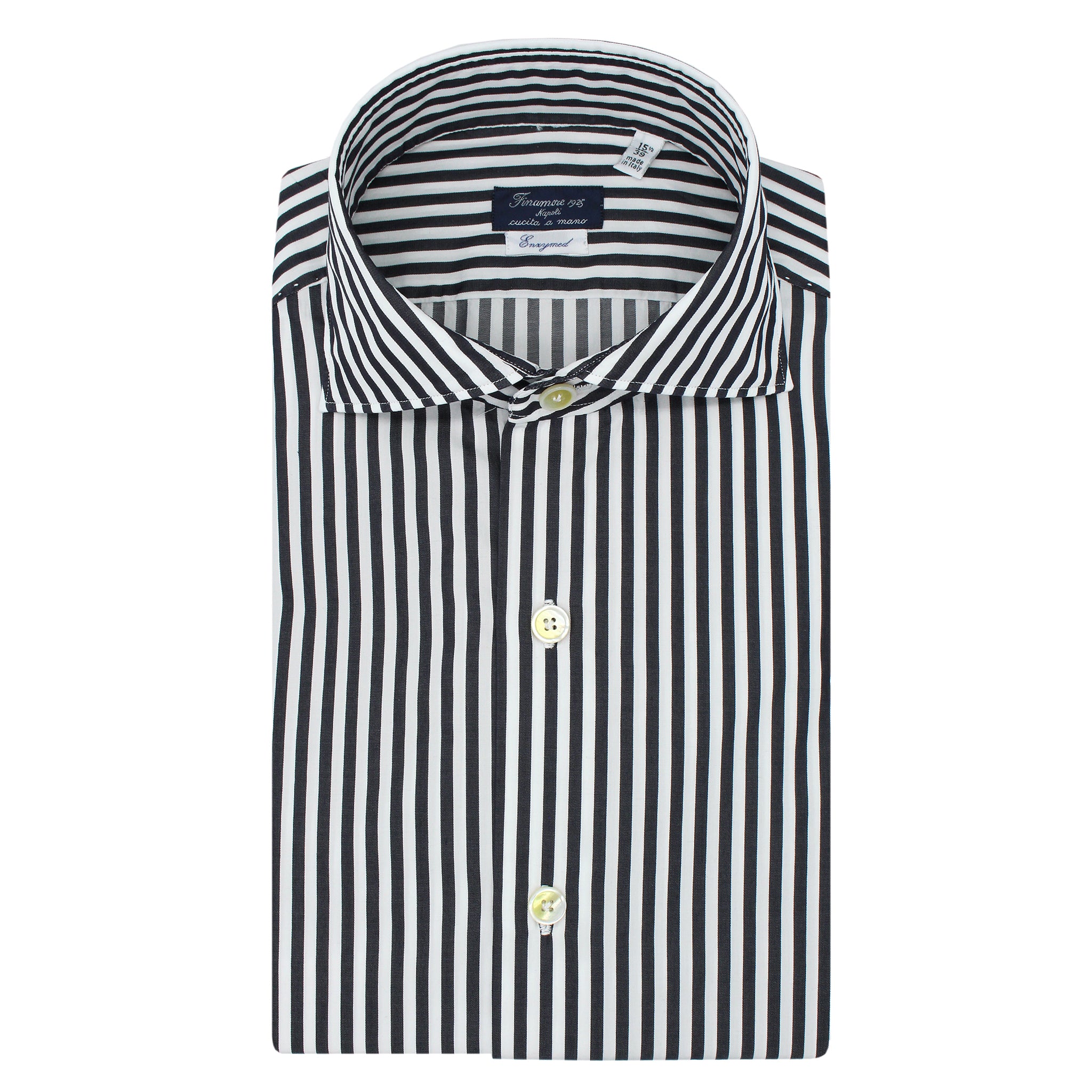 Slim Fit Milano shirt in black striped cotton. Enzymed Treatment