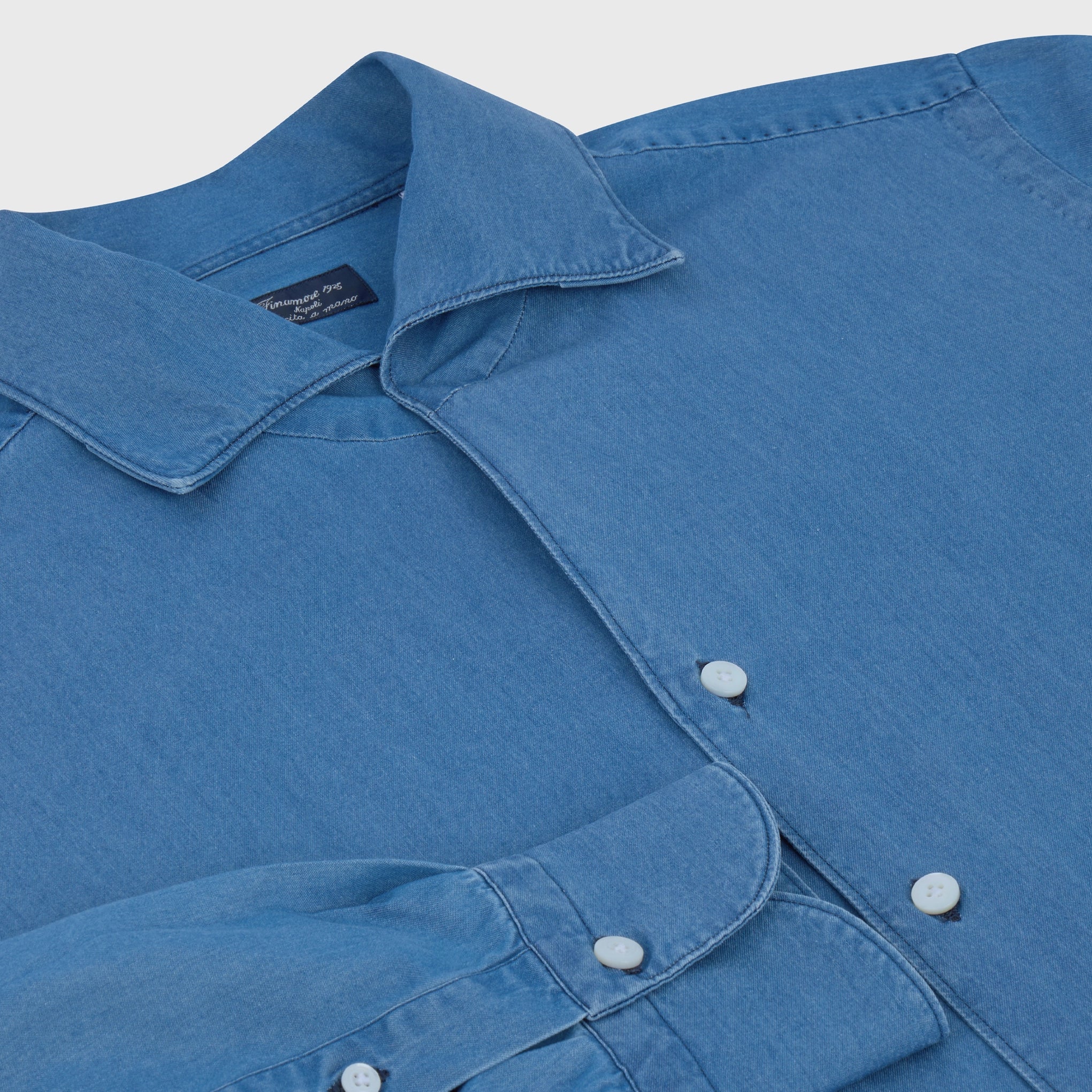 Classic slim fit Milano denim shirt. One Piece Collar
