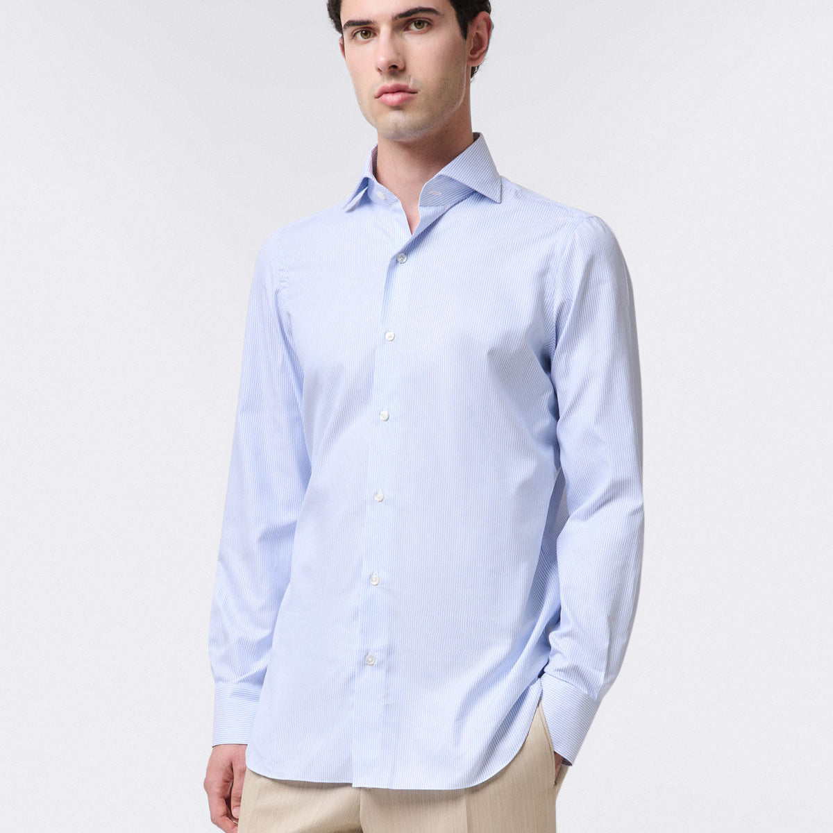 Camicia Uomo Slim Fit Oliva - Popeline A Righe 100% Cotone, Fatto A Mano In Italia, Personalizzabile Con Iniziali Ricamate