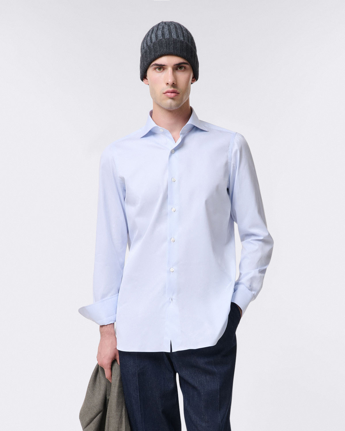 Classic Napoli shirt in white cotton pique with light blue details